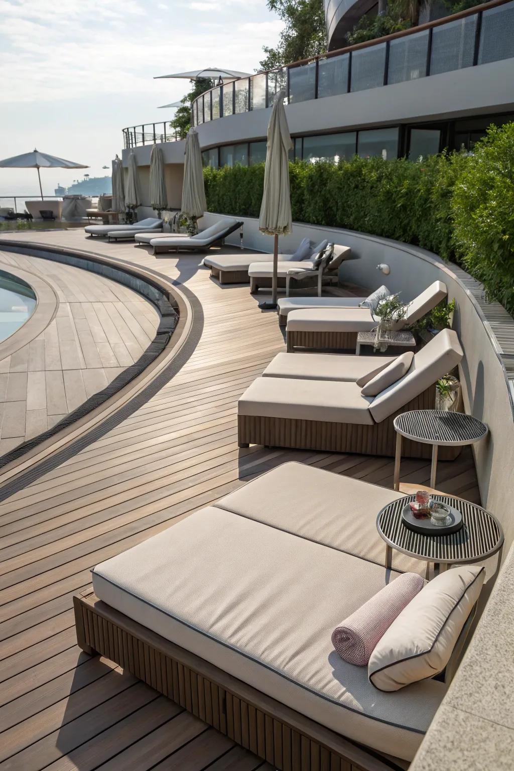 A luxury deck setup featuring elegant lounges for ultimate relaxation.
