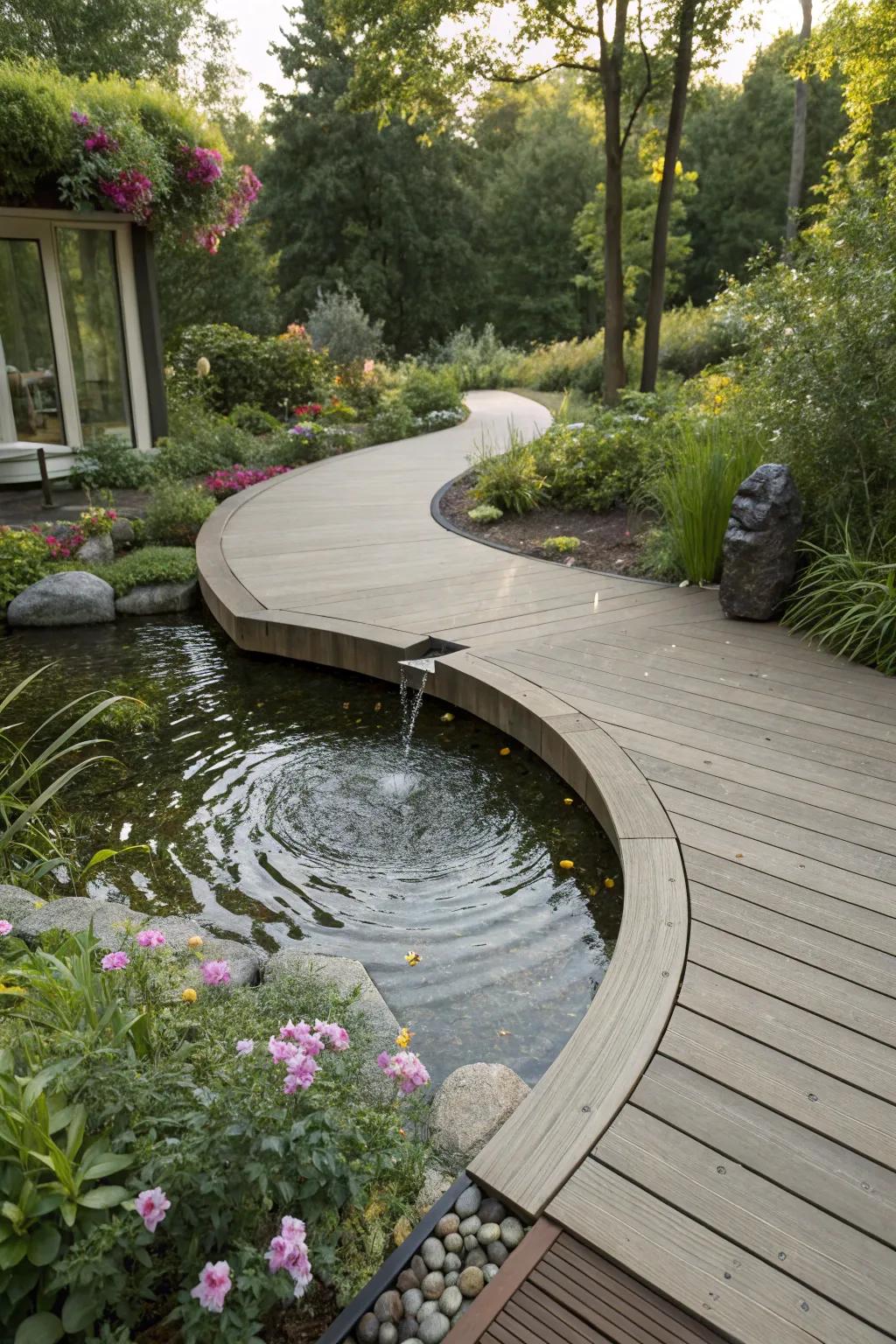 Curved deck with a peaceful water feature.