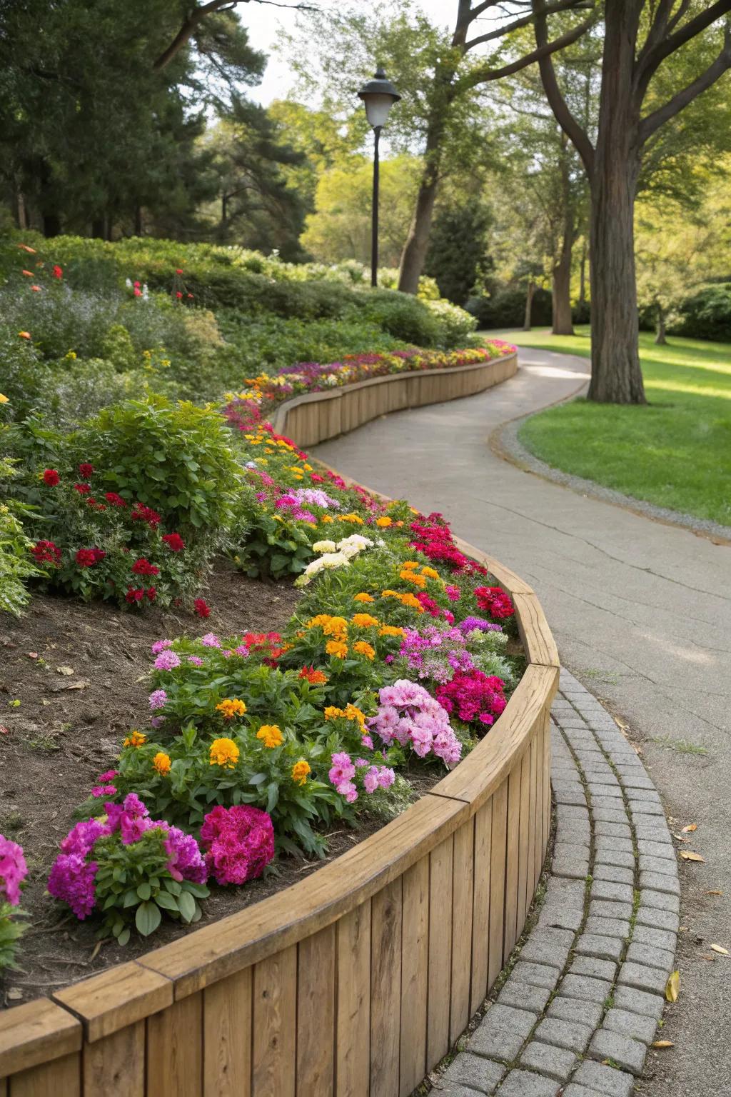 Wooden edging adds warmth to curved flower beds.