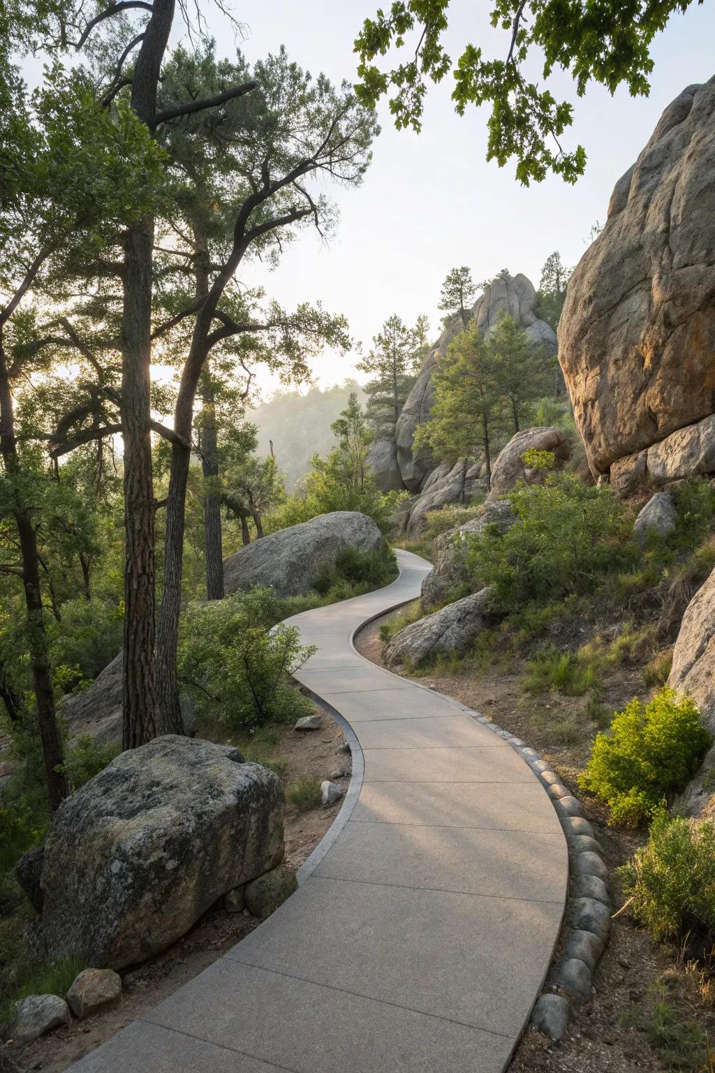 A curved walkway naturally meandering around trees and boulders.