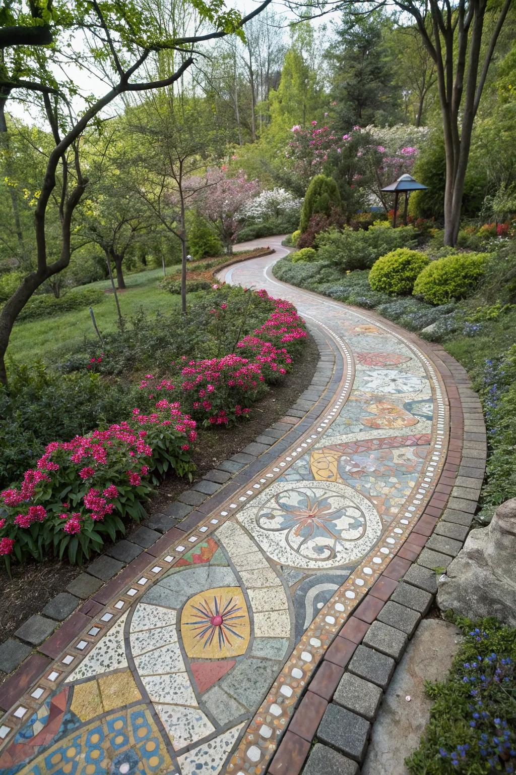 An artistic mosaic walkway bringing color and creativity to the garden.