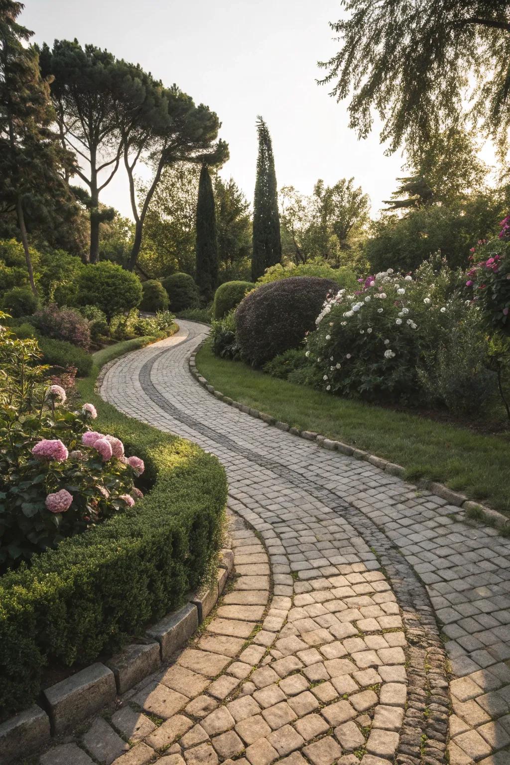Historic charm with cobblestone curves.