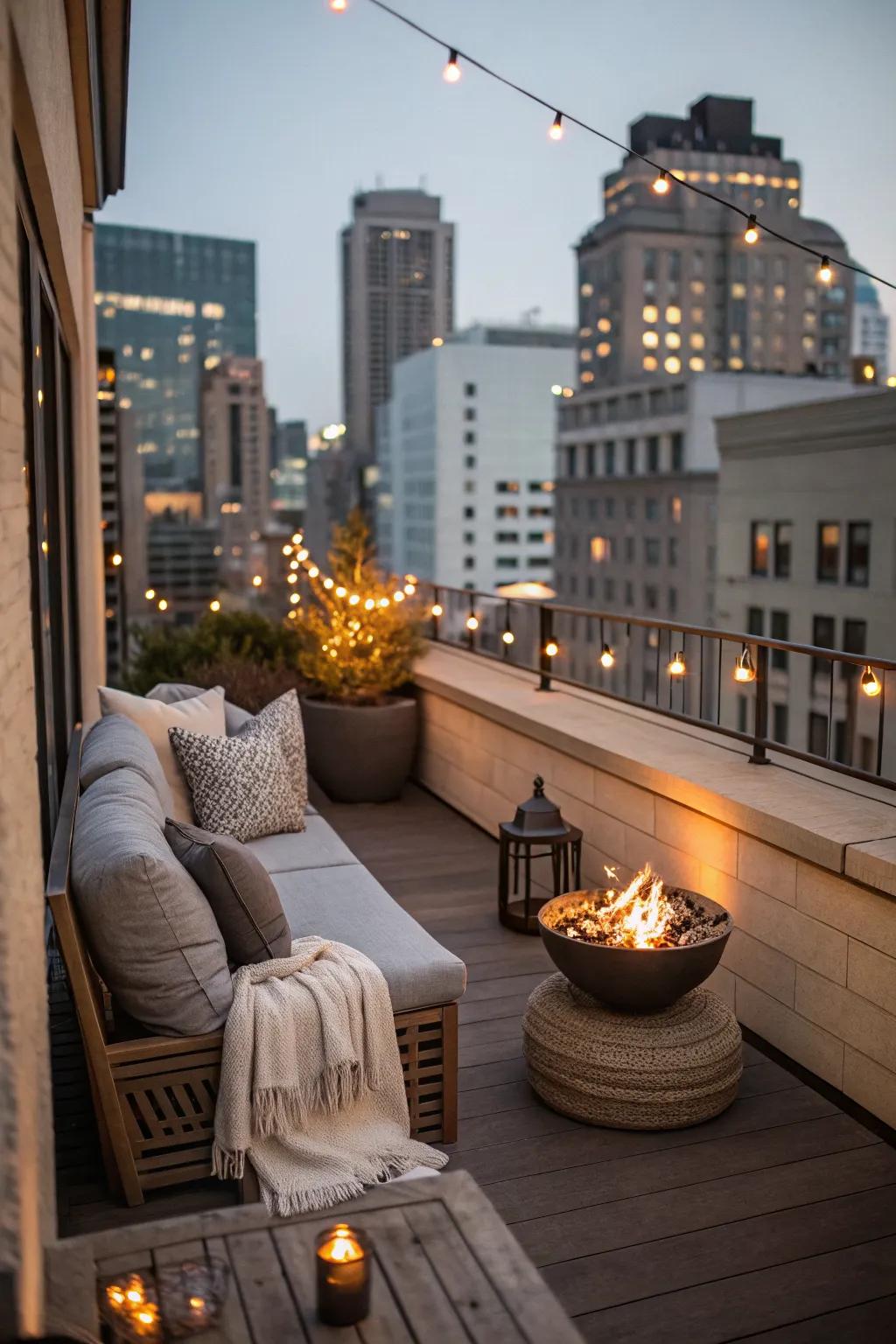 A compact fire pit turns a city terrace into a warm urban oasis.