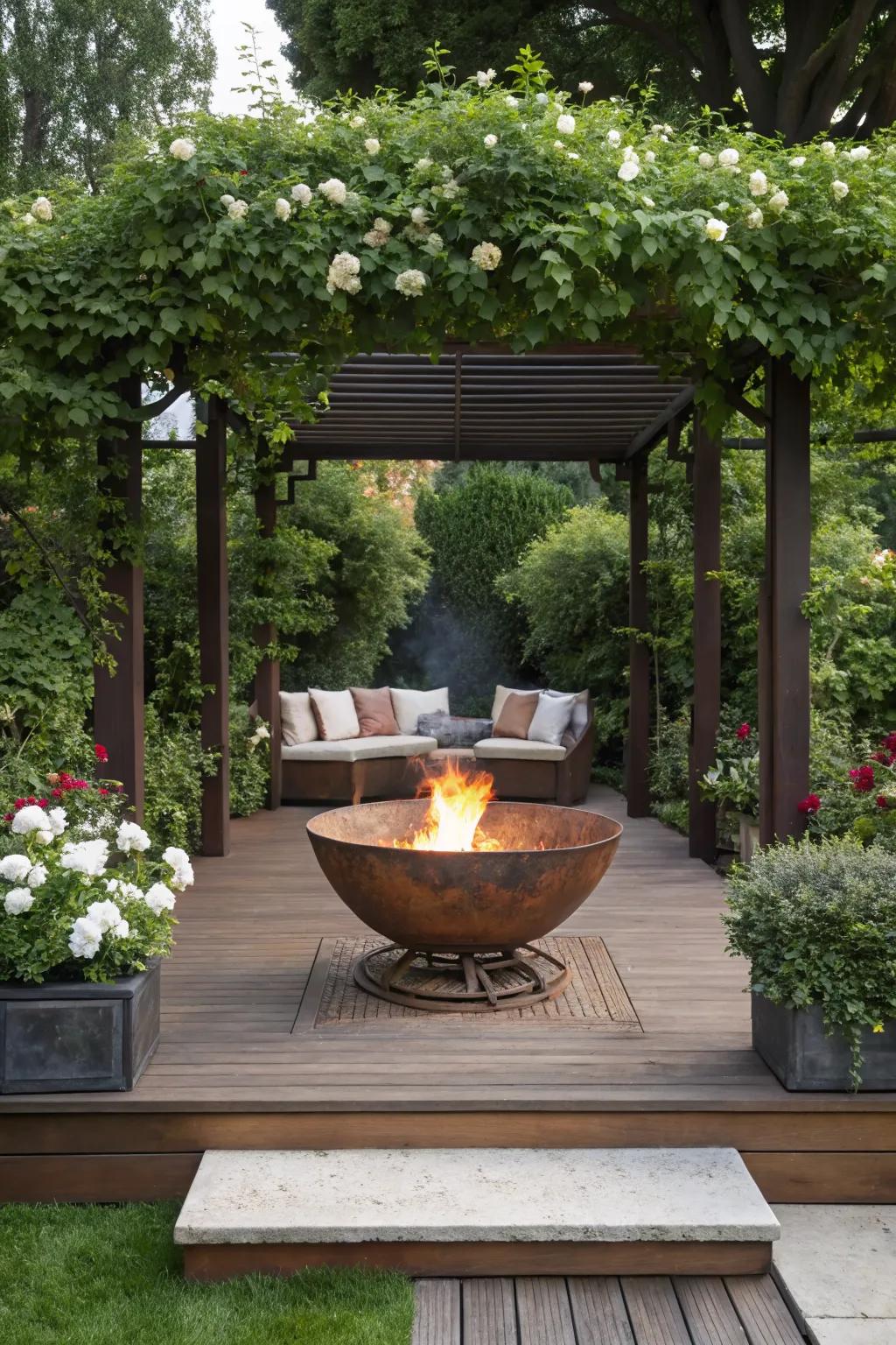 Raised platforms create a dramatic focal point for fire pits.