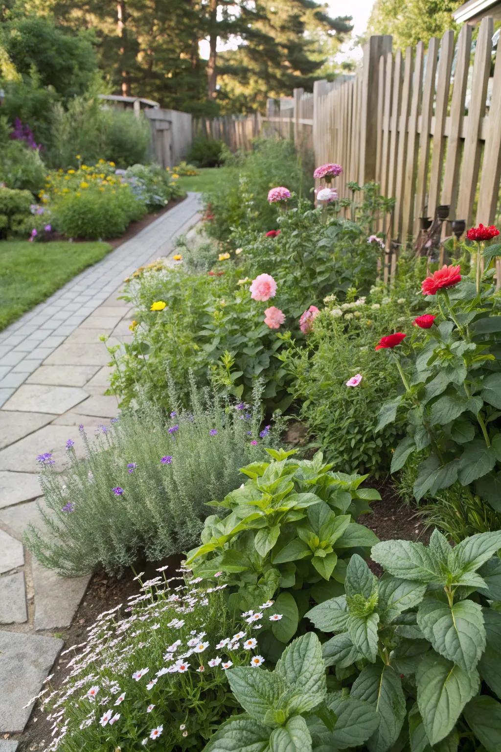 A garden blending edible herbs with ornamental flowers for added interest.