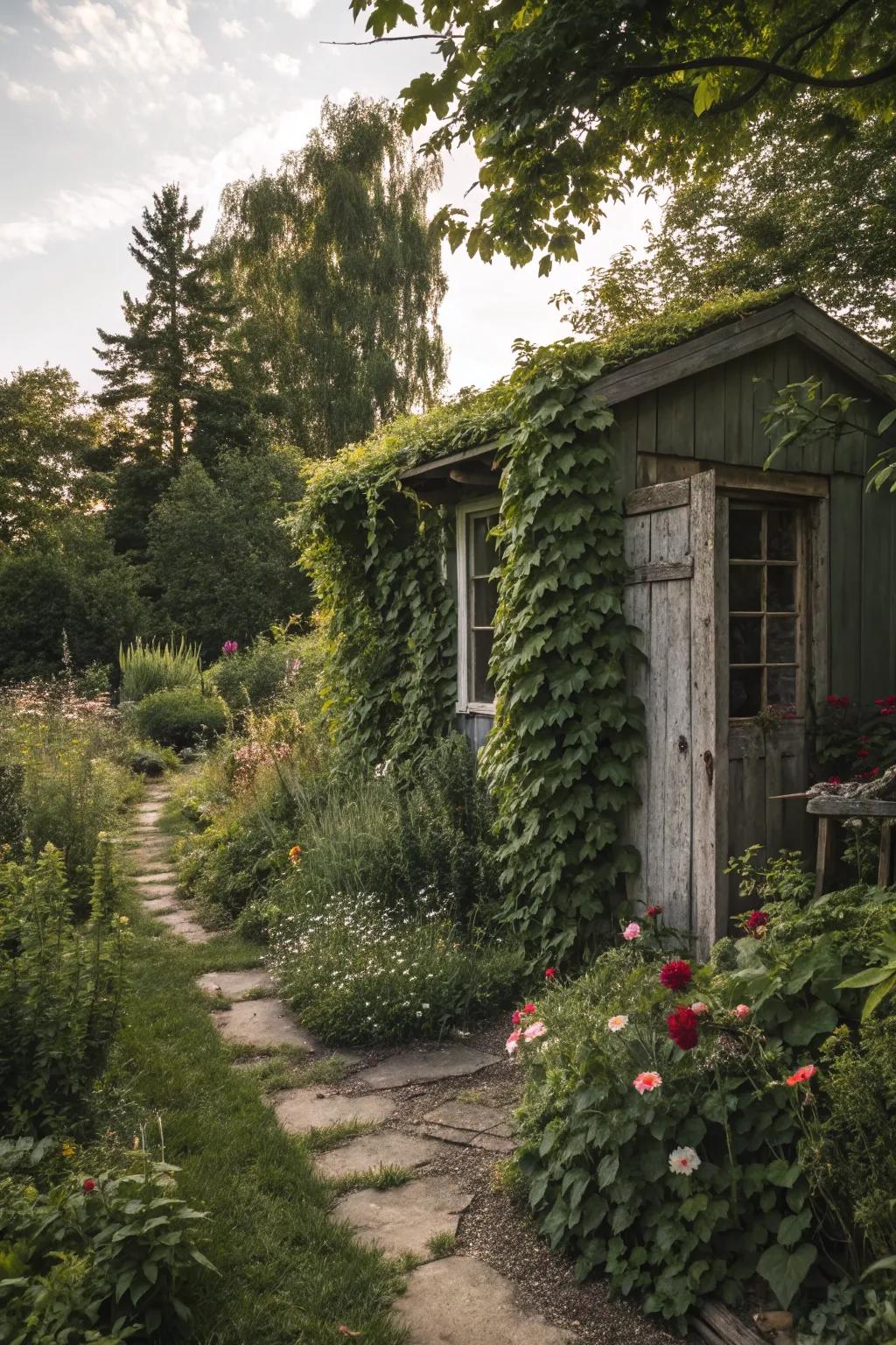 A secret garden with tall plants and vines.