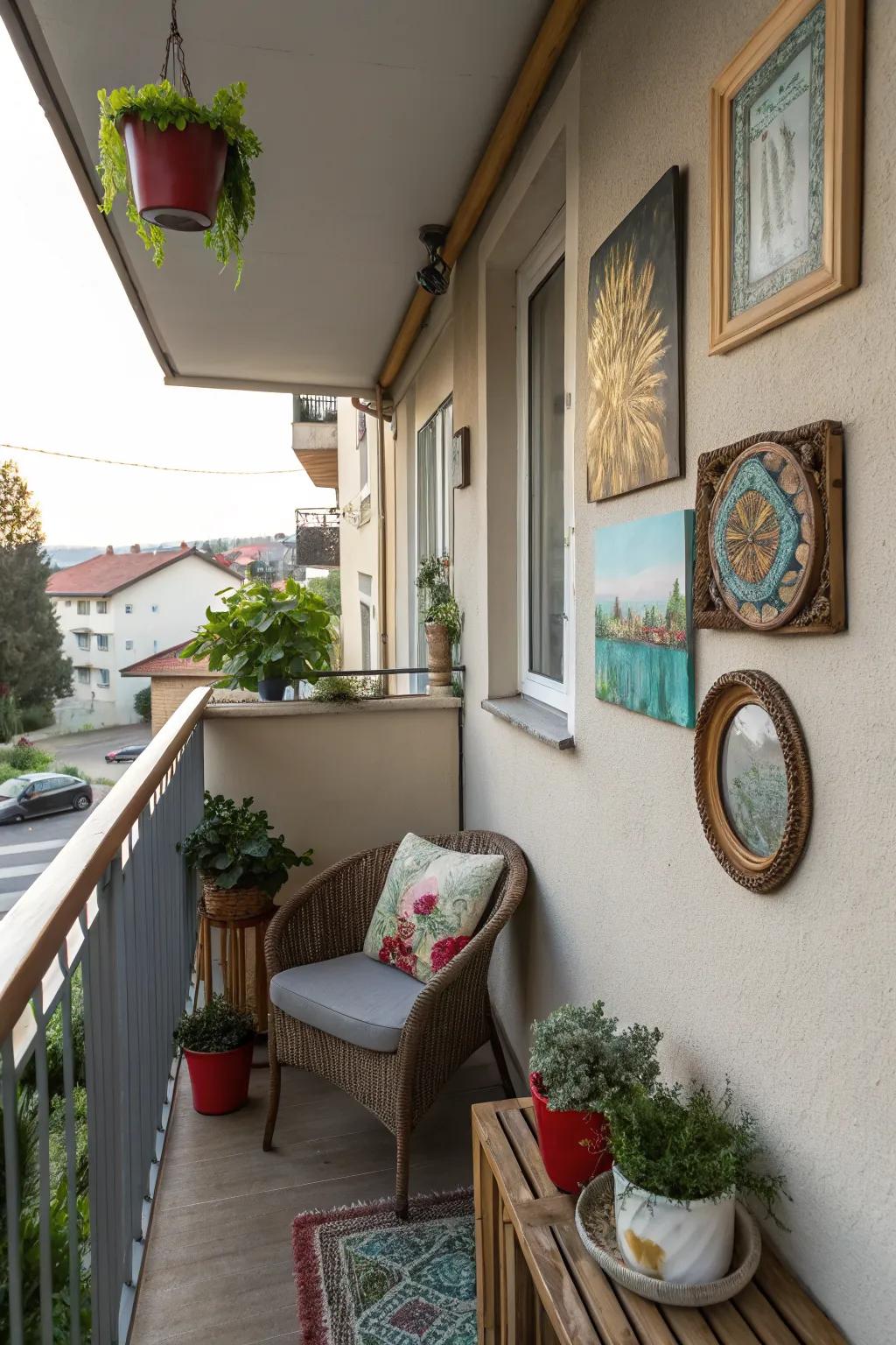 A small balcony with artistic wall decor adding character.