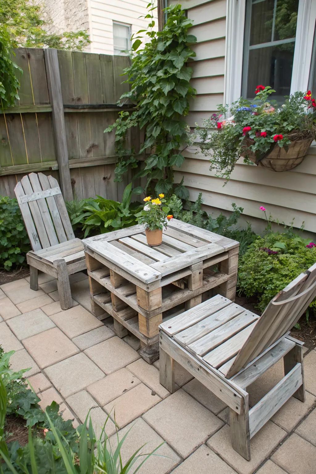 DIY pallet furniture brings a rustic touch to a small patio