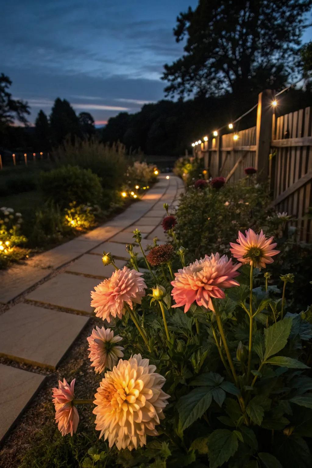 Night illumination transforms a dahlia bed into a captivating evening scene.