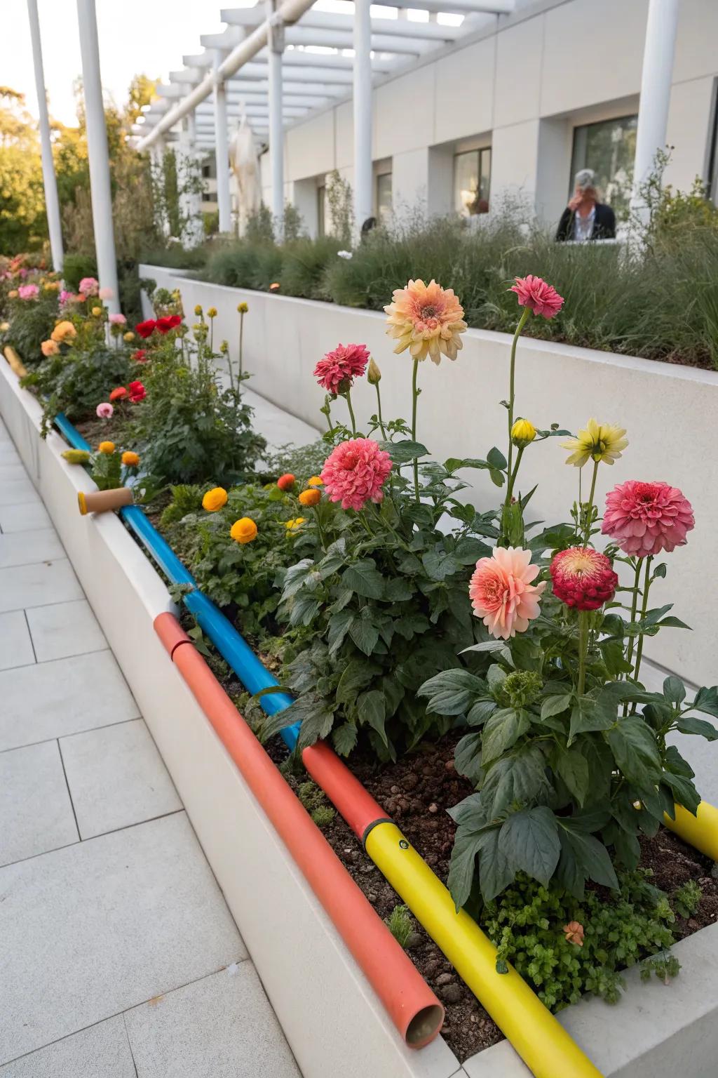 PVC pipes providing a modern support solution for dahlias.