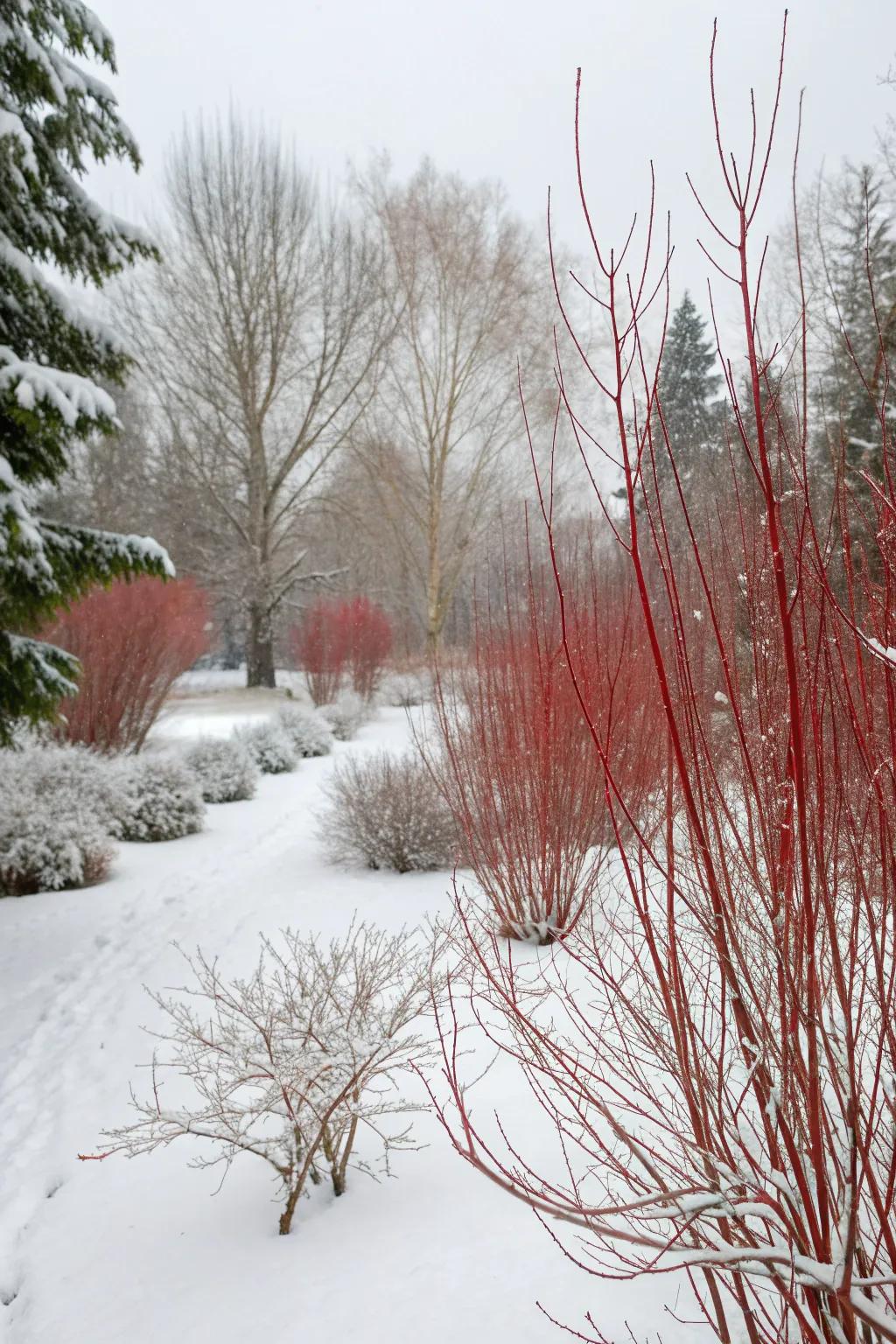 Red stems of dappled willows add winter charm to the garden.