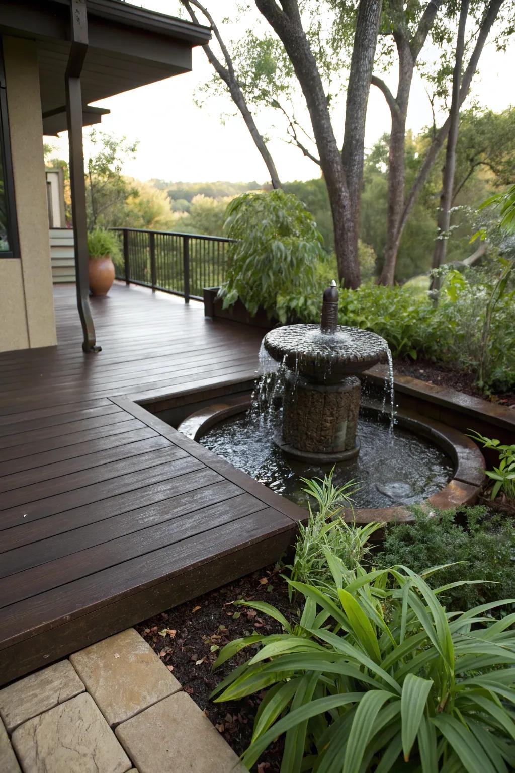 A water feature adds tranquility to the deck environment.