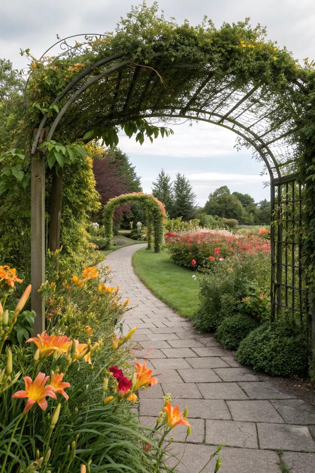 Daylily archway creating a grand garden entrance.