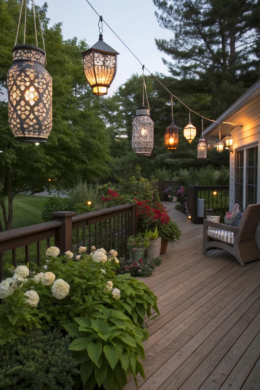 Hanging lanterns provide a soft glow over this inviting deck.