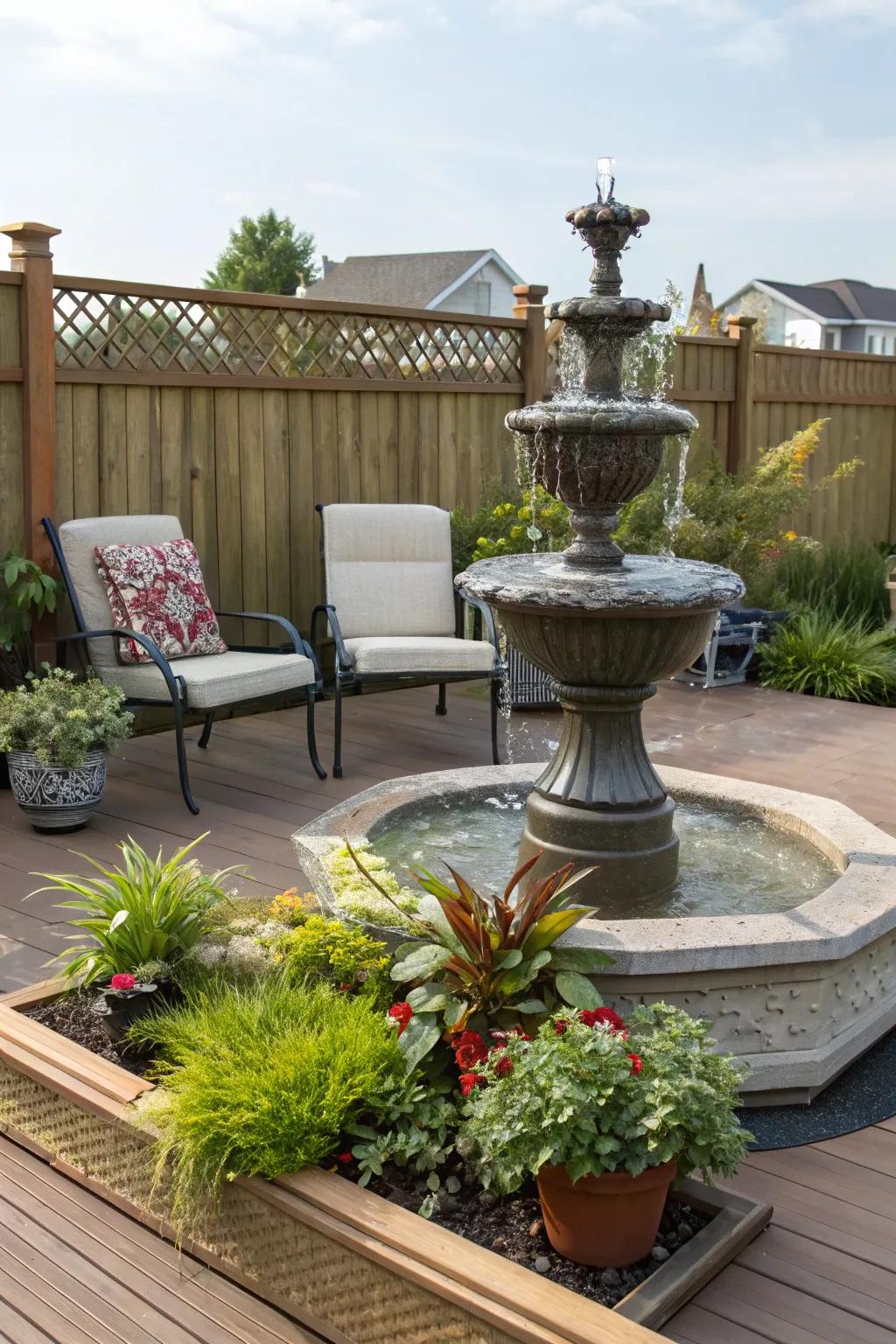 A tranquil deck featuring a soothing water feature.