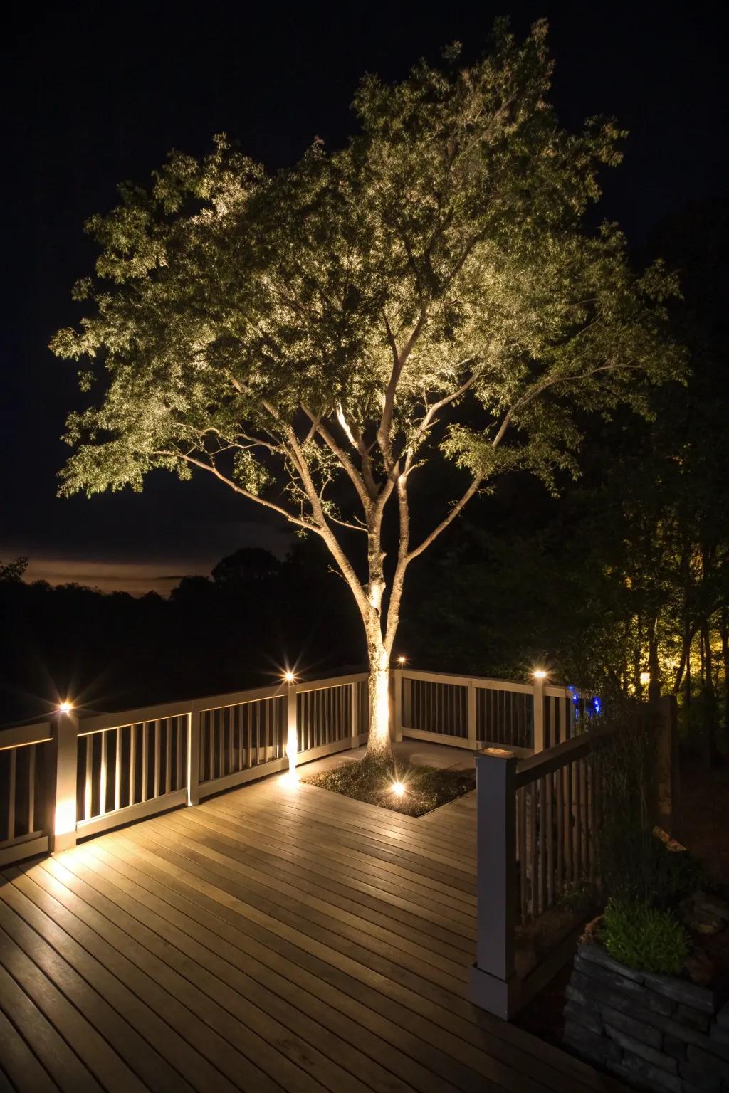 Spotlights enhance the tree's natural beauty and create an evening spectacle.
