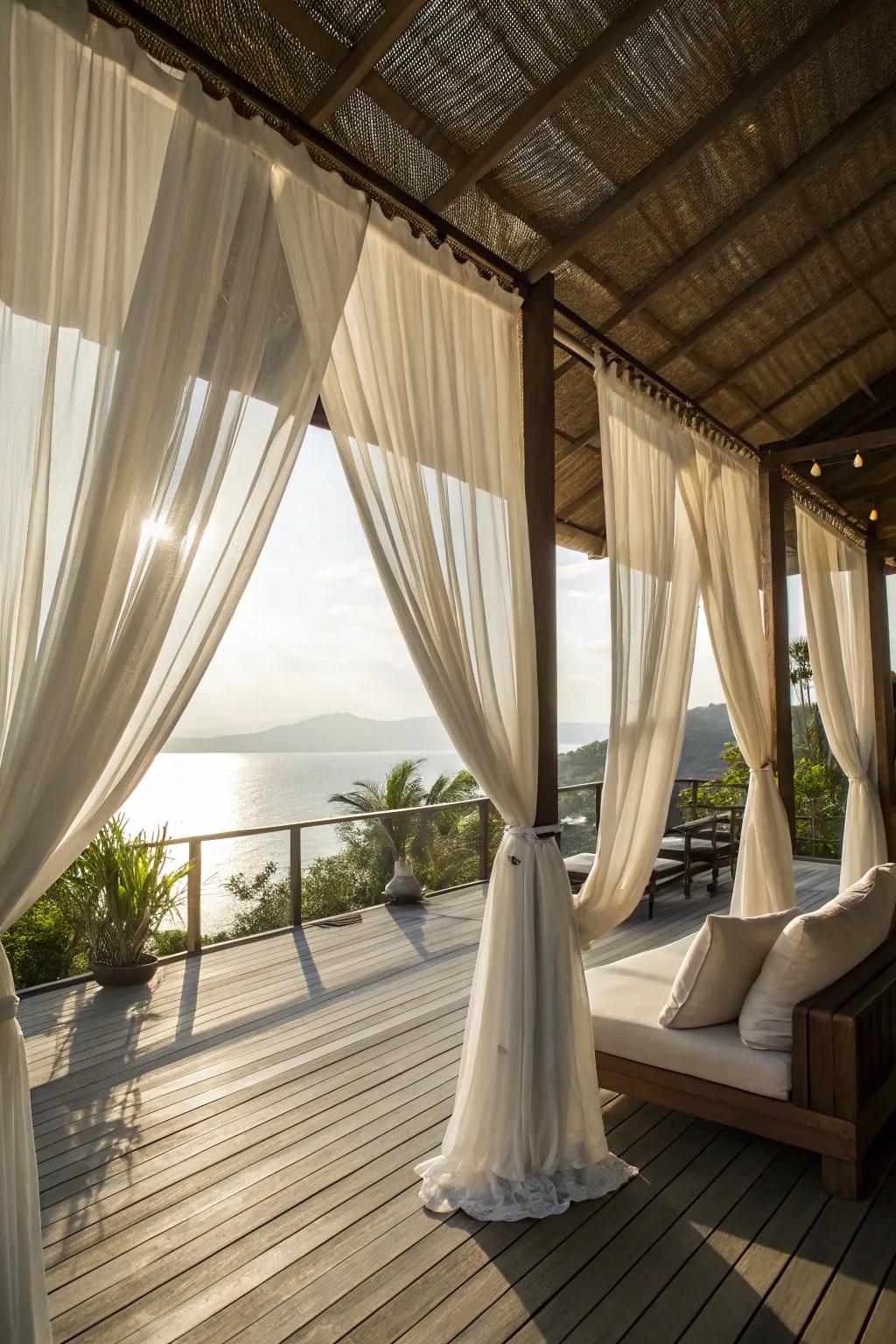 Curtain canopies offer a soft and inviting shade.