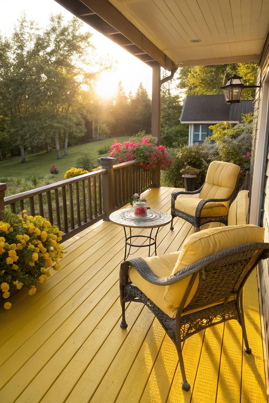 A sunny yellow deck creating a cheerful and inviting atmosphere.