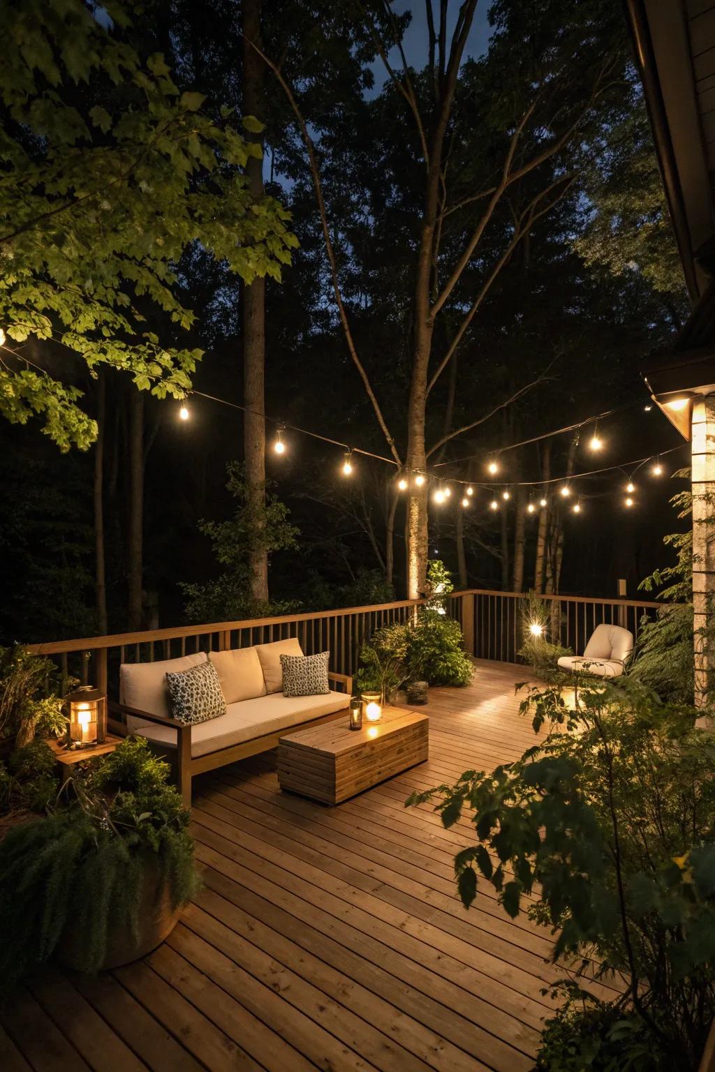 Ambient lighting transforms a deck into a cozy retreat.