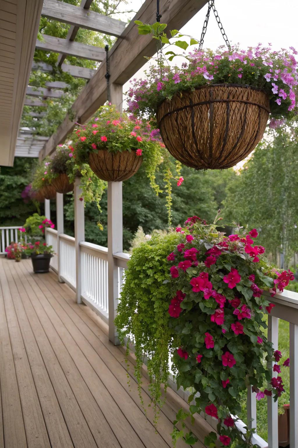Hanging baskets add layers to your deck garden.
