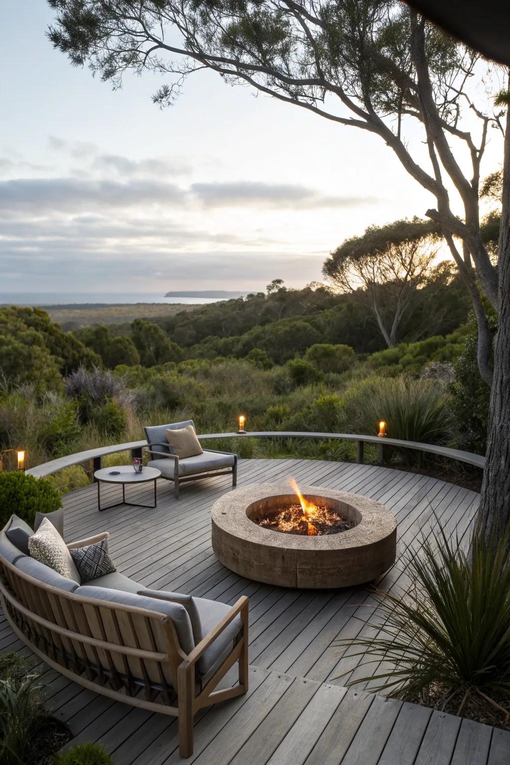 A cozy deck with a fire pit focal point for warm gatherings.