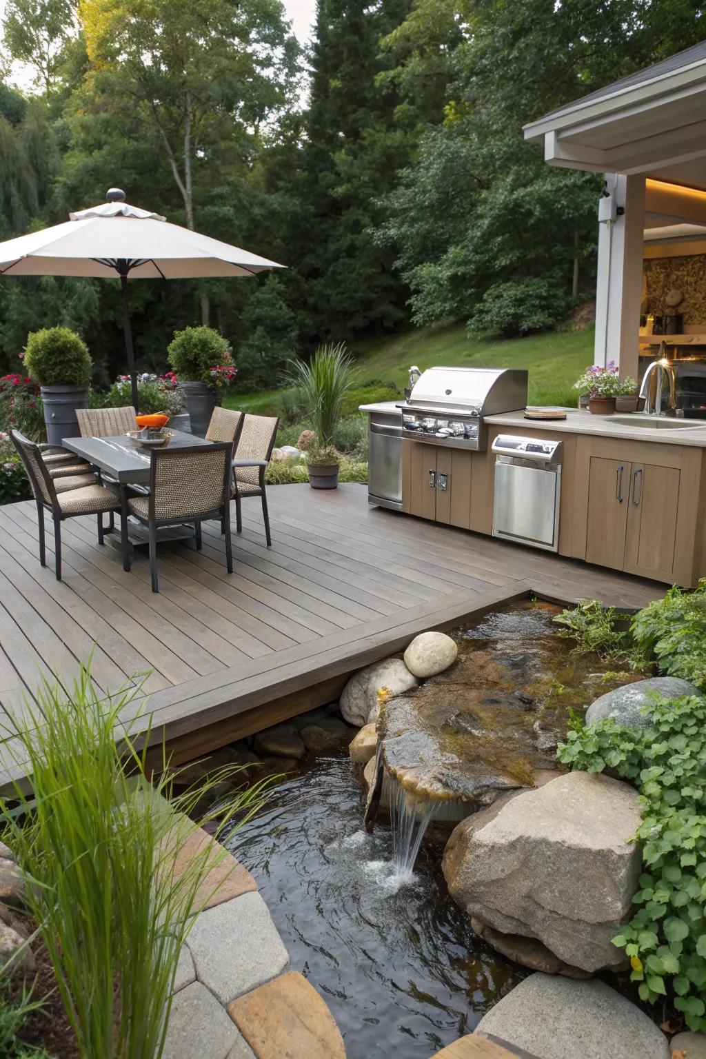 A water feature adds tranquility and charm to your deck kitchen.