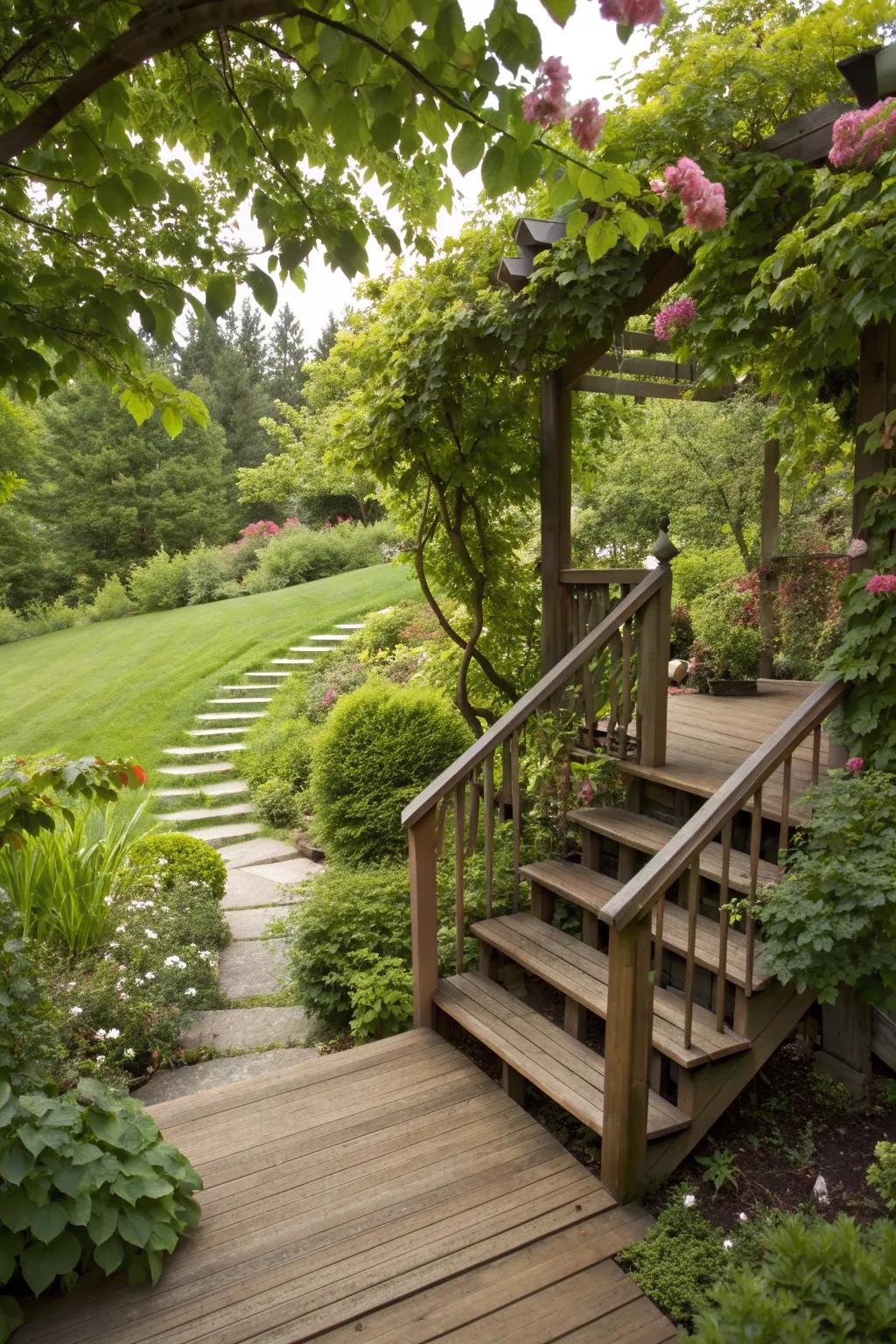 Deck landing with floating stairs descending into the garden.