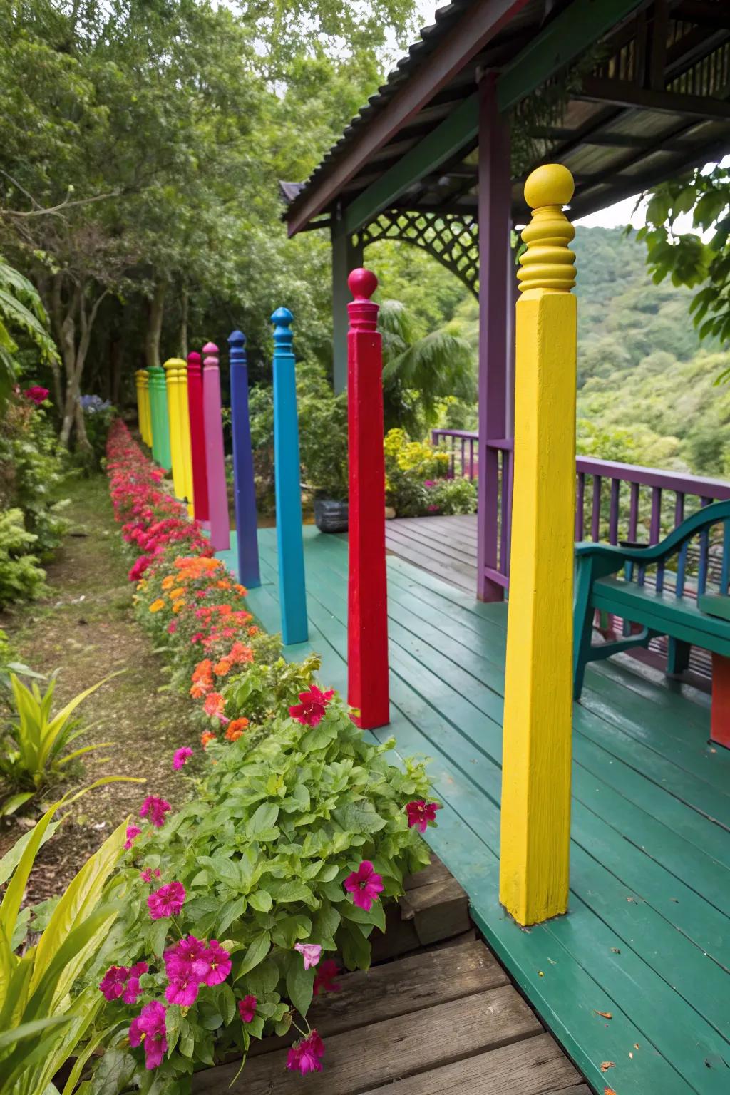 Bold colors on deck posts create a lively and eye-catching atmosphere.