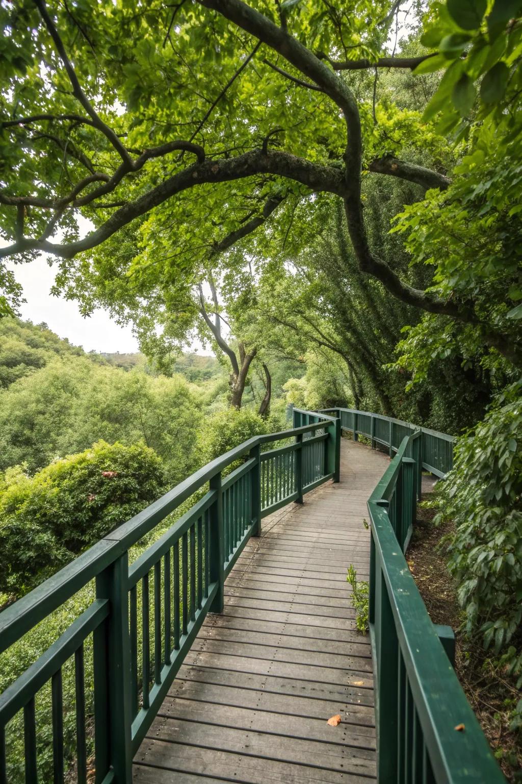 Dark green railings add a dramatic touch to a lush setting.