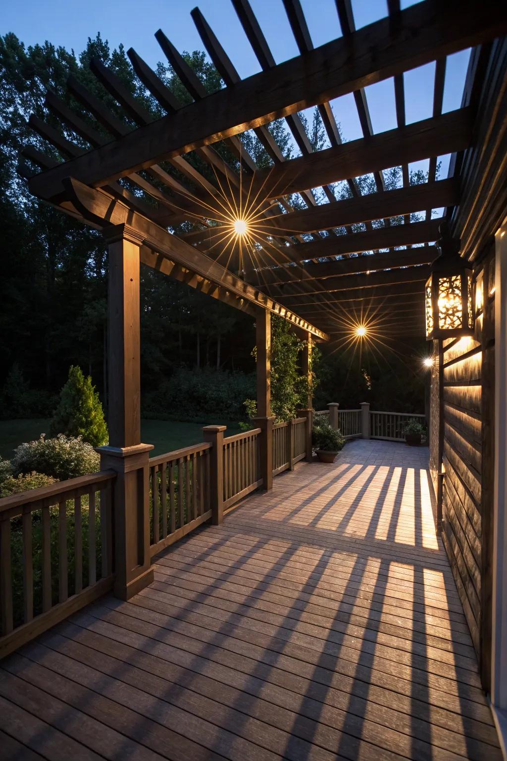 Overhead pergola lights offer a dramatic lighting effect.