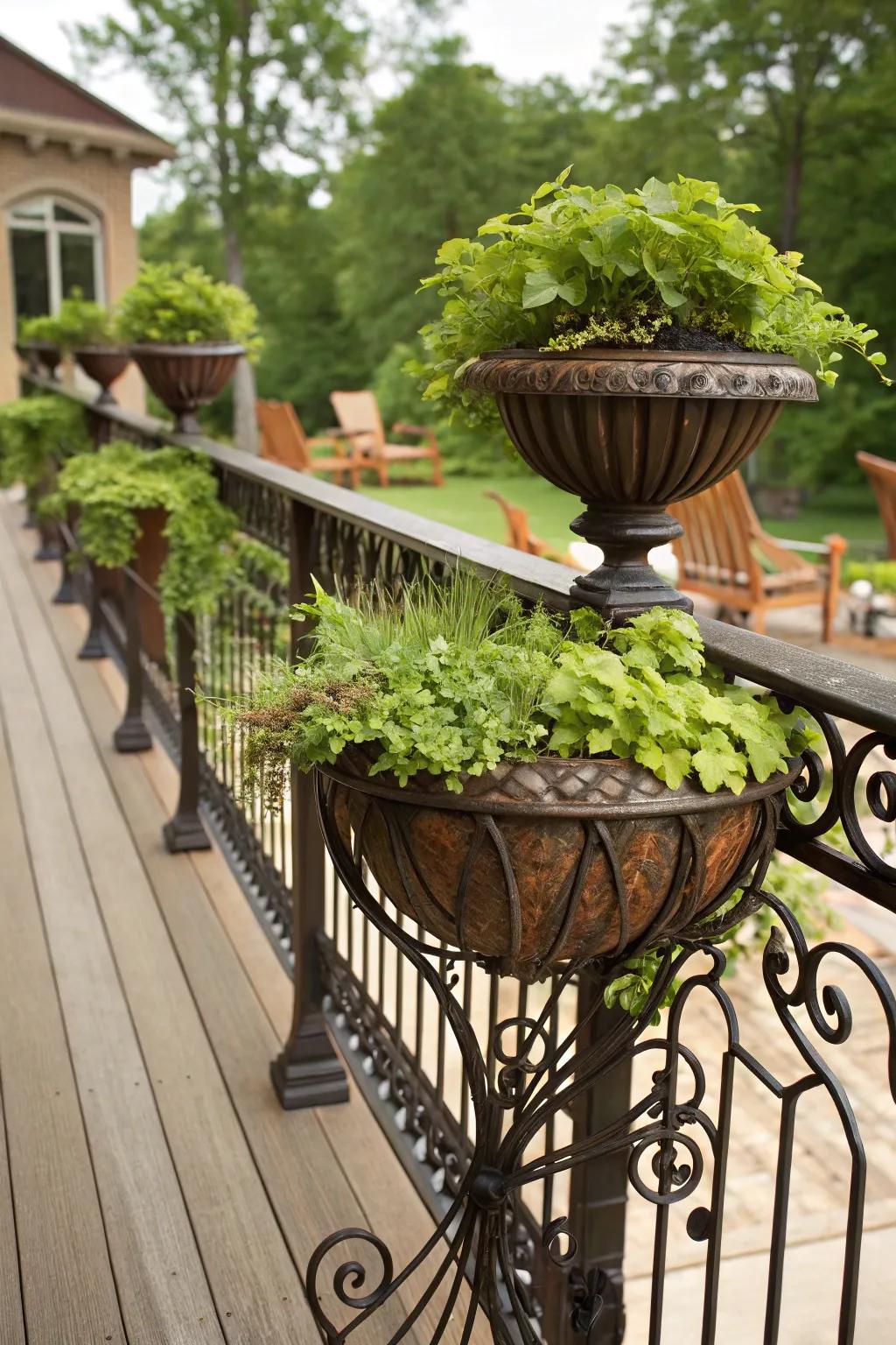 Wrought iron planters add elegance and durability