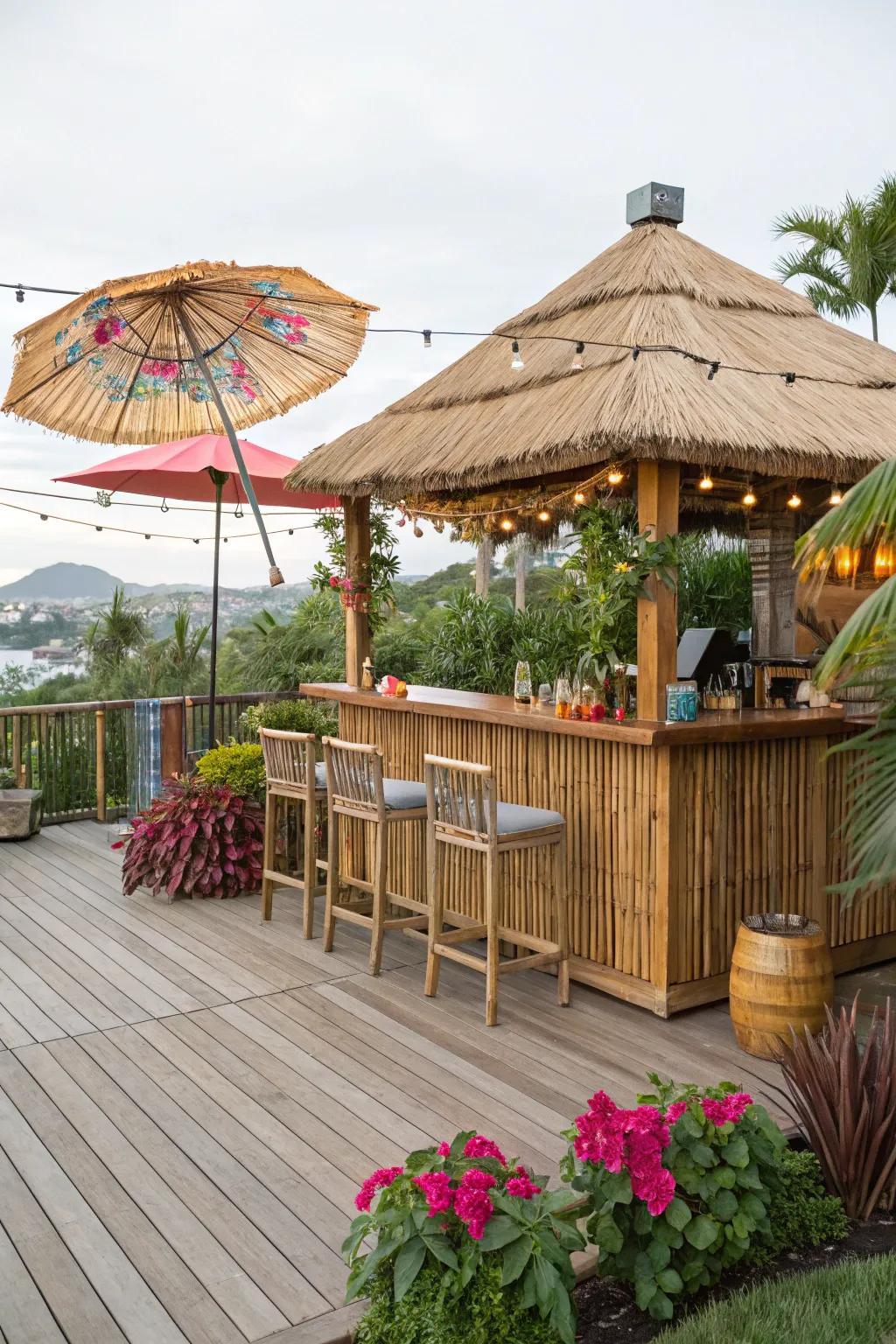A tiki bar adds a tropical flair to your deck, perfect for gatherings.