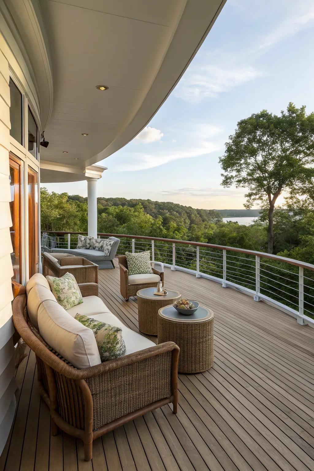 A uniquely designed curved deck that adds a dynamic element to outdoor spaces.