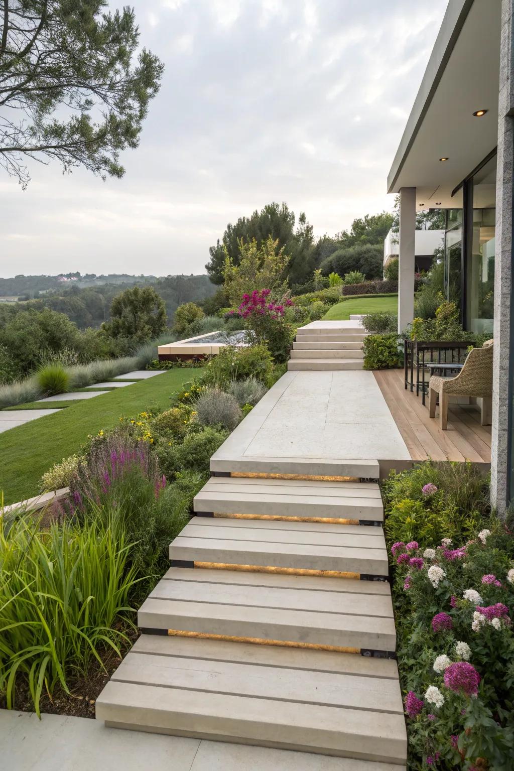 Floating deck steps adding a modern touch to the garden.