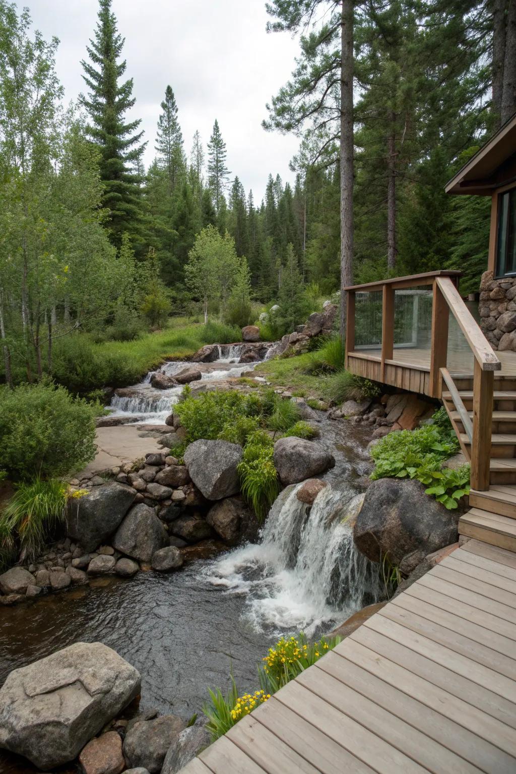 Rocky stream waterfalls bring the forest to your deck.