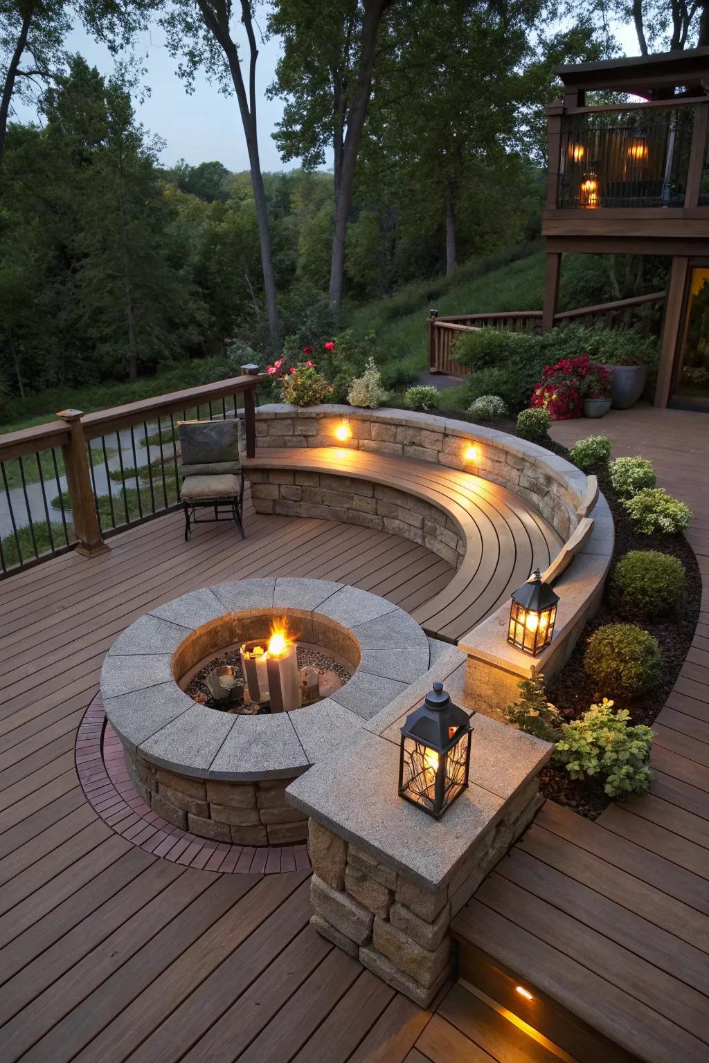 Curved seating creates a welcoming and unique deck design.