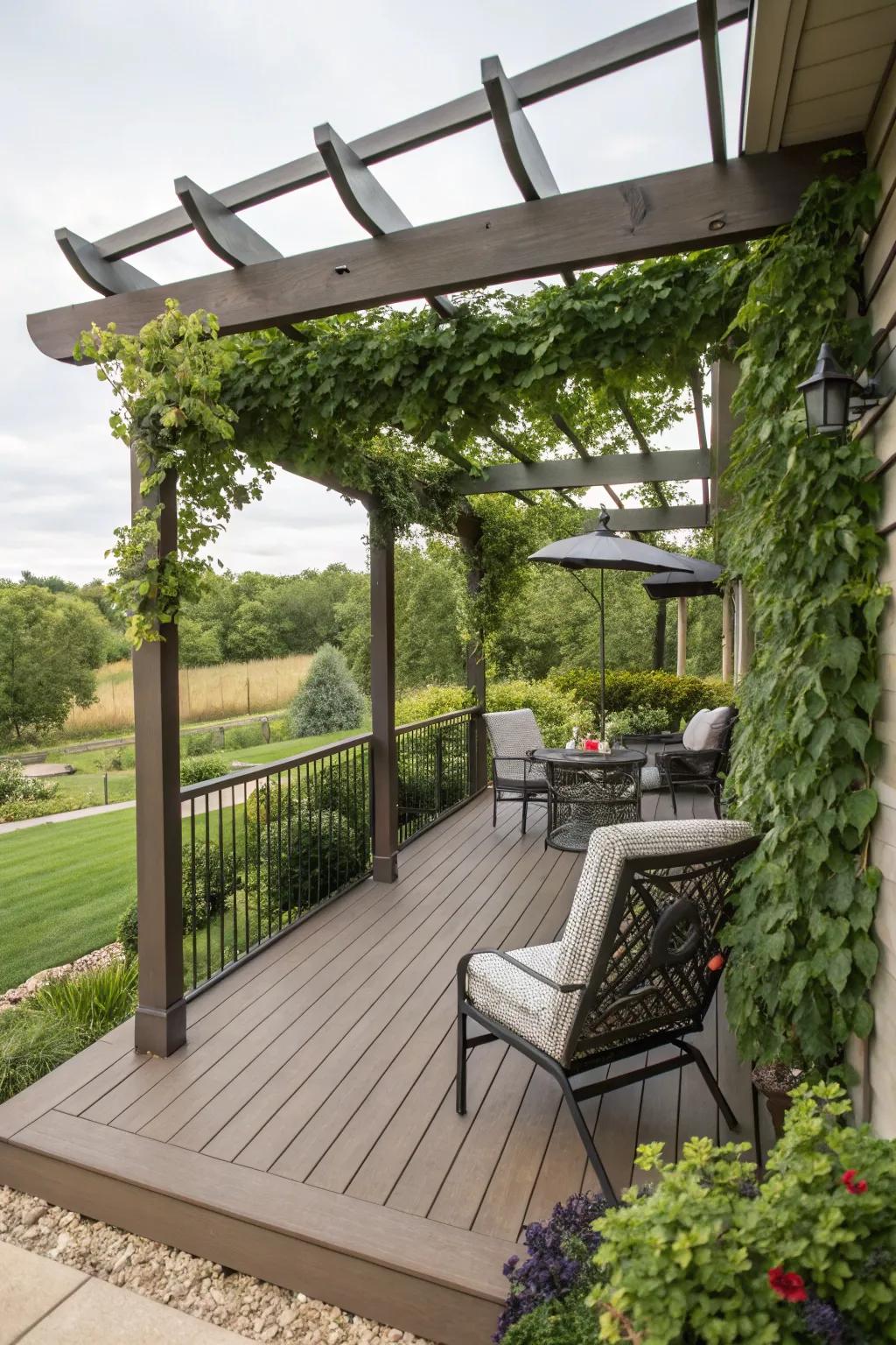 A deck enhanced by a charming pergola, offering style and shade.