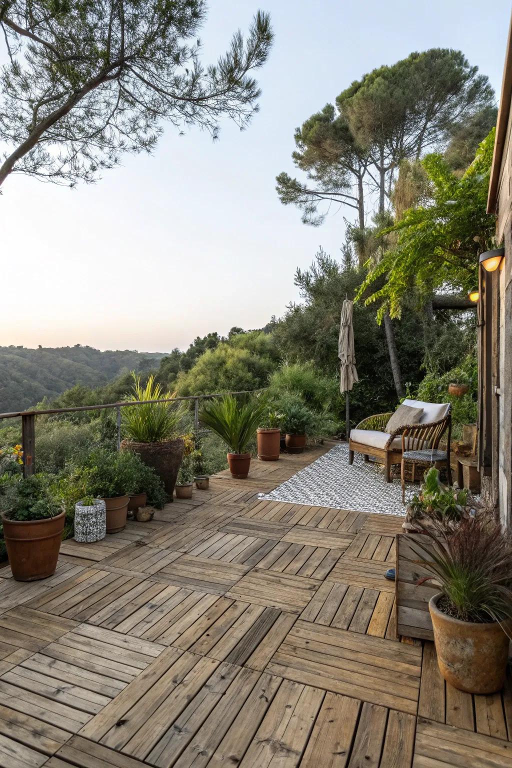 Reclaimed wood tiles add rustic charm to your deck.