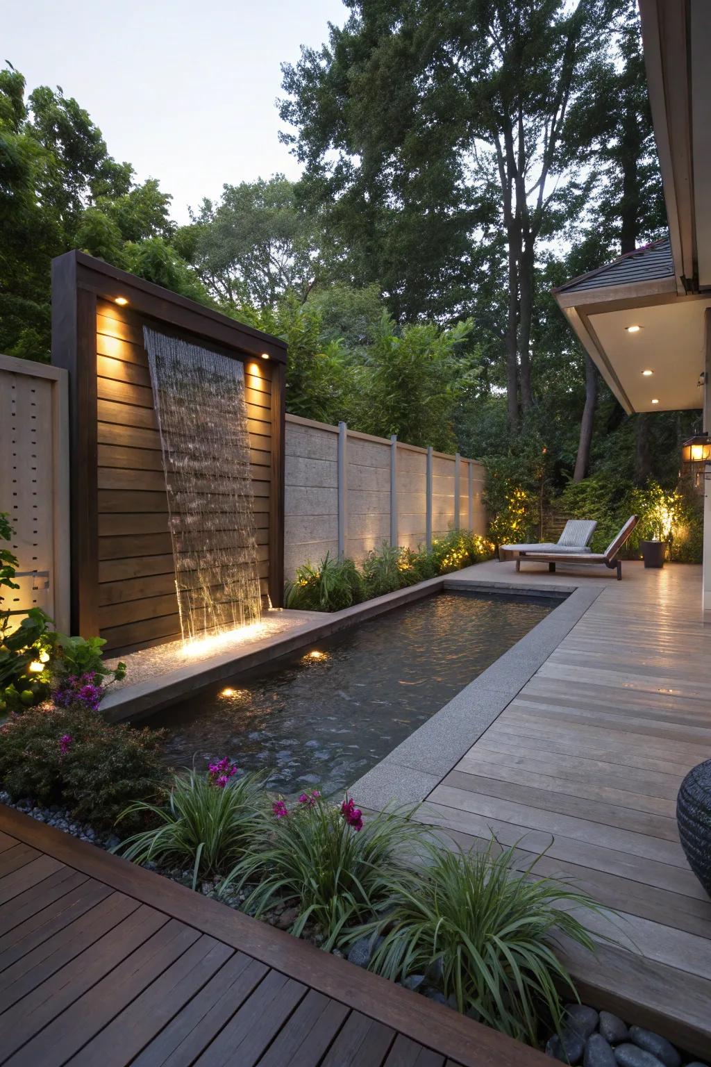 Water feature walls add privacy and a calming ambiance to the deck.