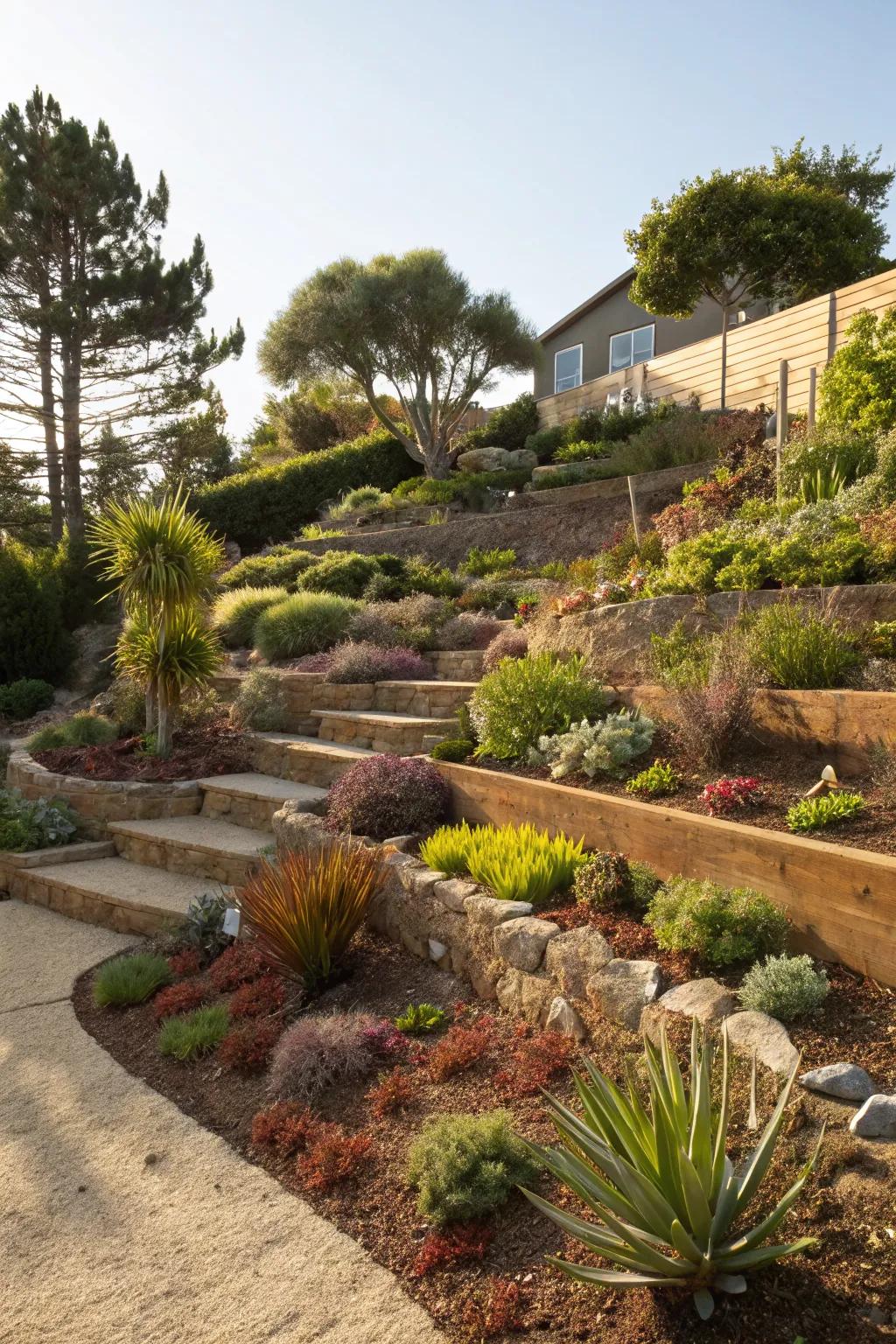 Elegantly structured terraced gardens with decomposed granite.