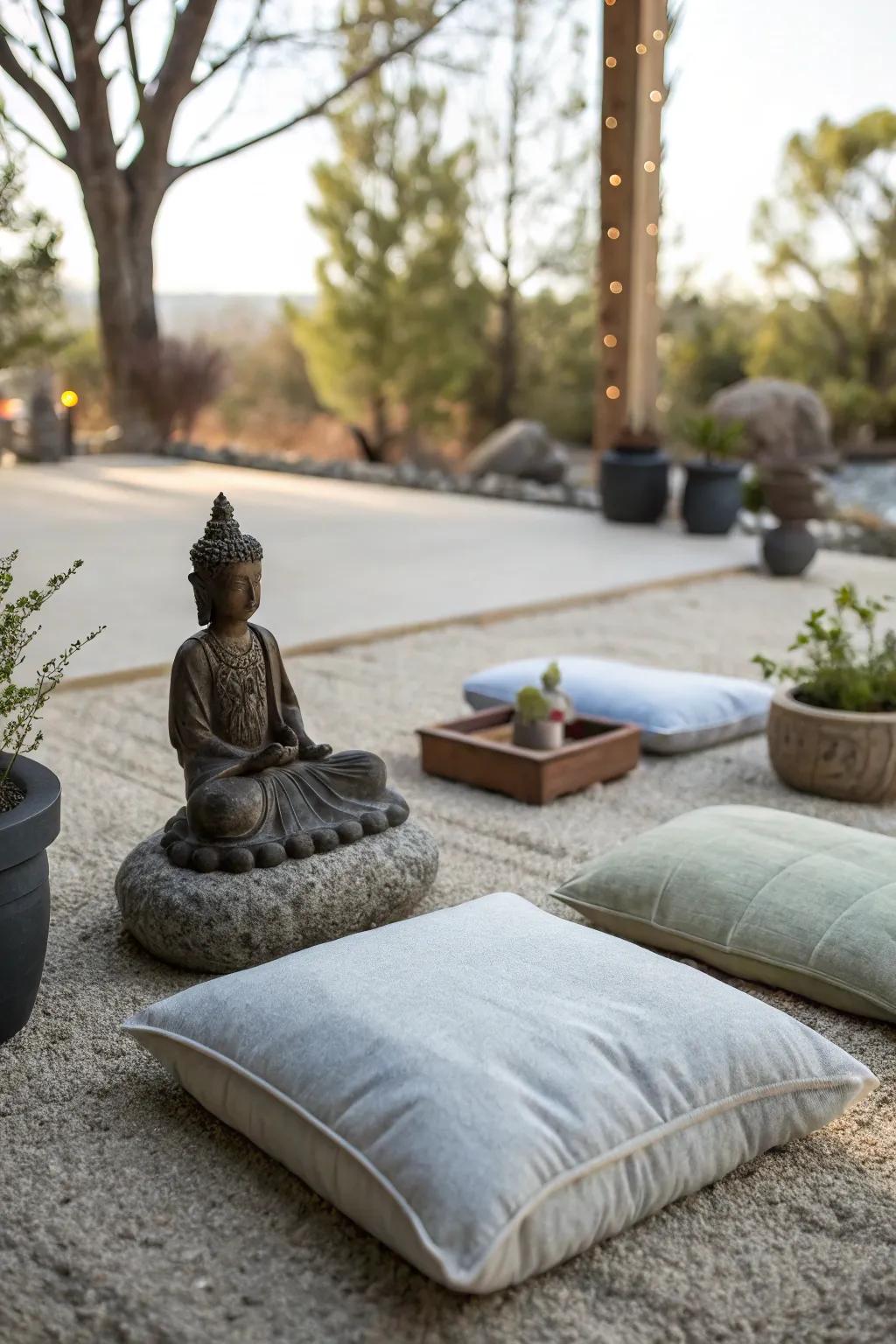 A peaceful meditation zone on a decomposed granite patio.