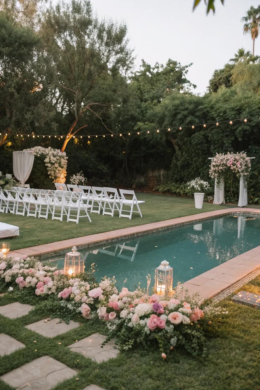 Floating florals in the pool create a breathtaking visual centerpiece.