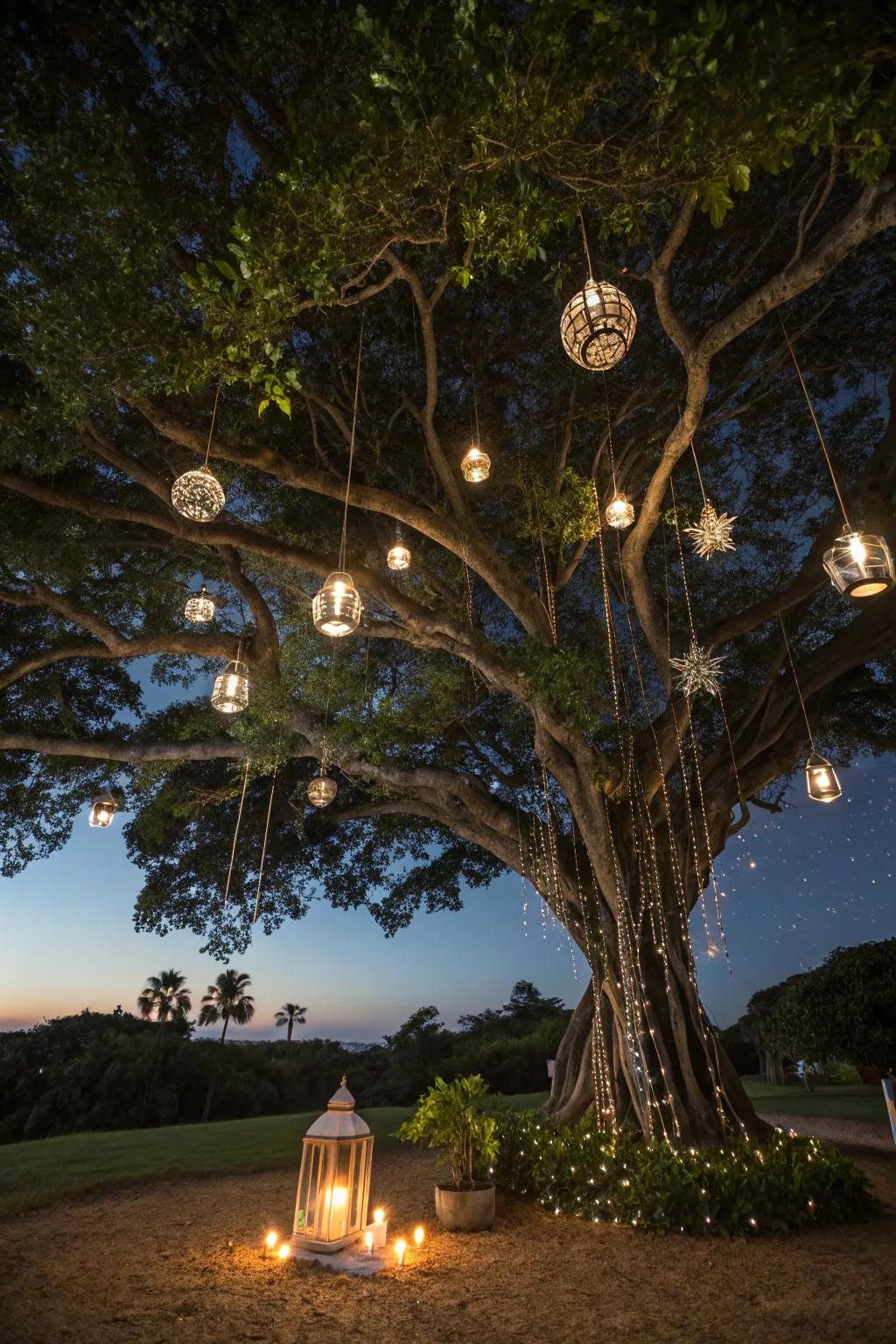Lighted ornaments add a magical and dazzling effect to your trees at night.
