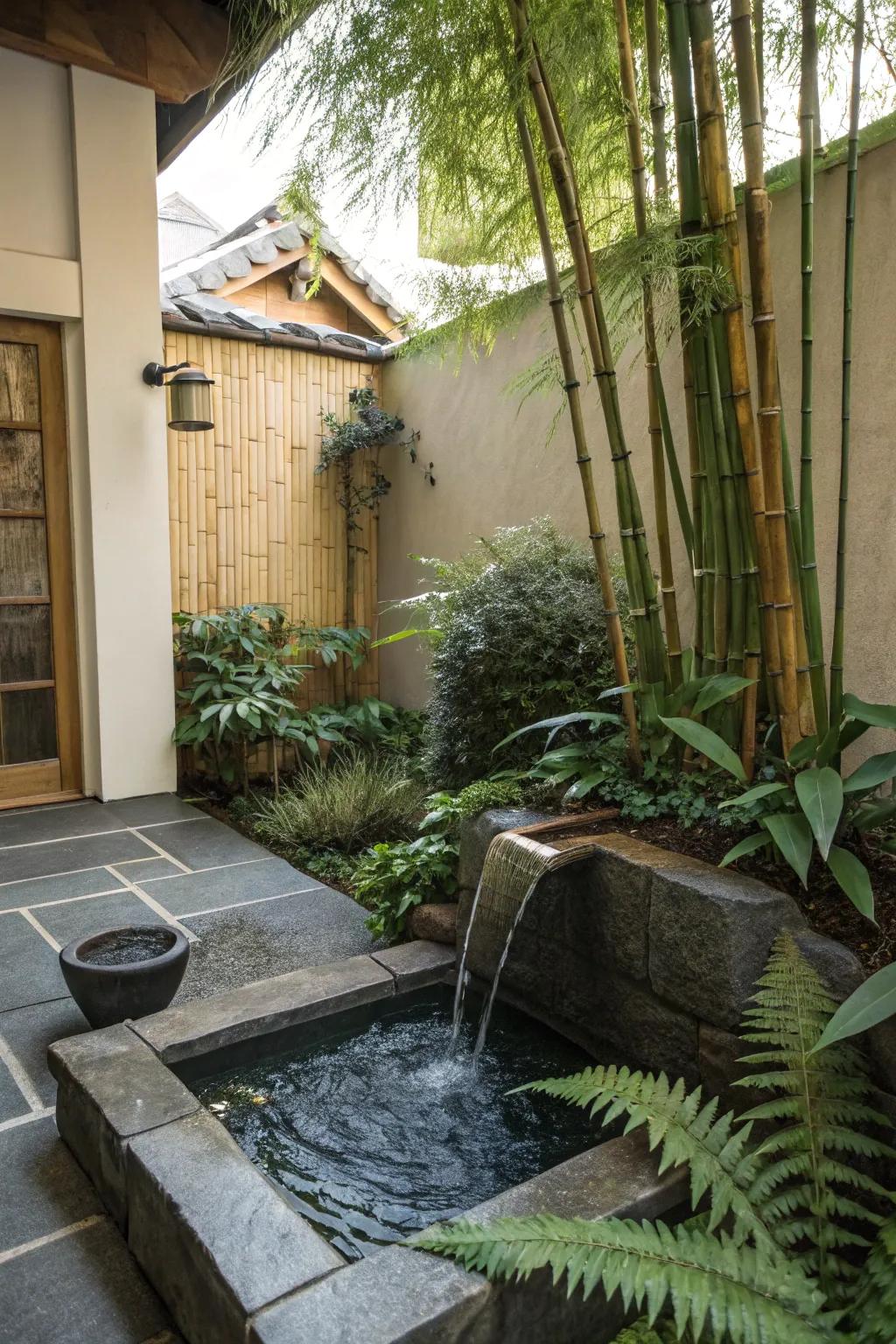 A tranquil Zen corner with a water feature and lush greenery.