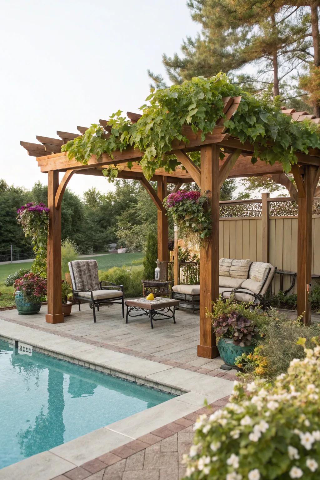 A DIY pergola adds elegance and shade to the poolside.