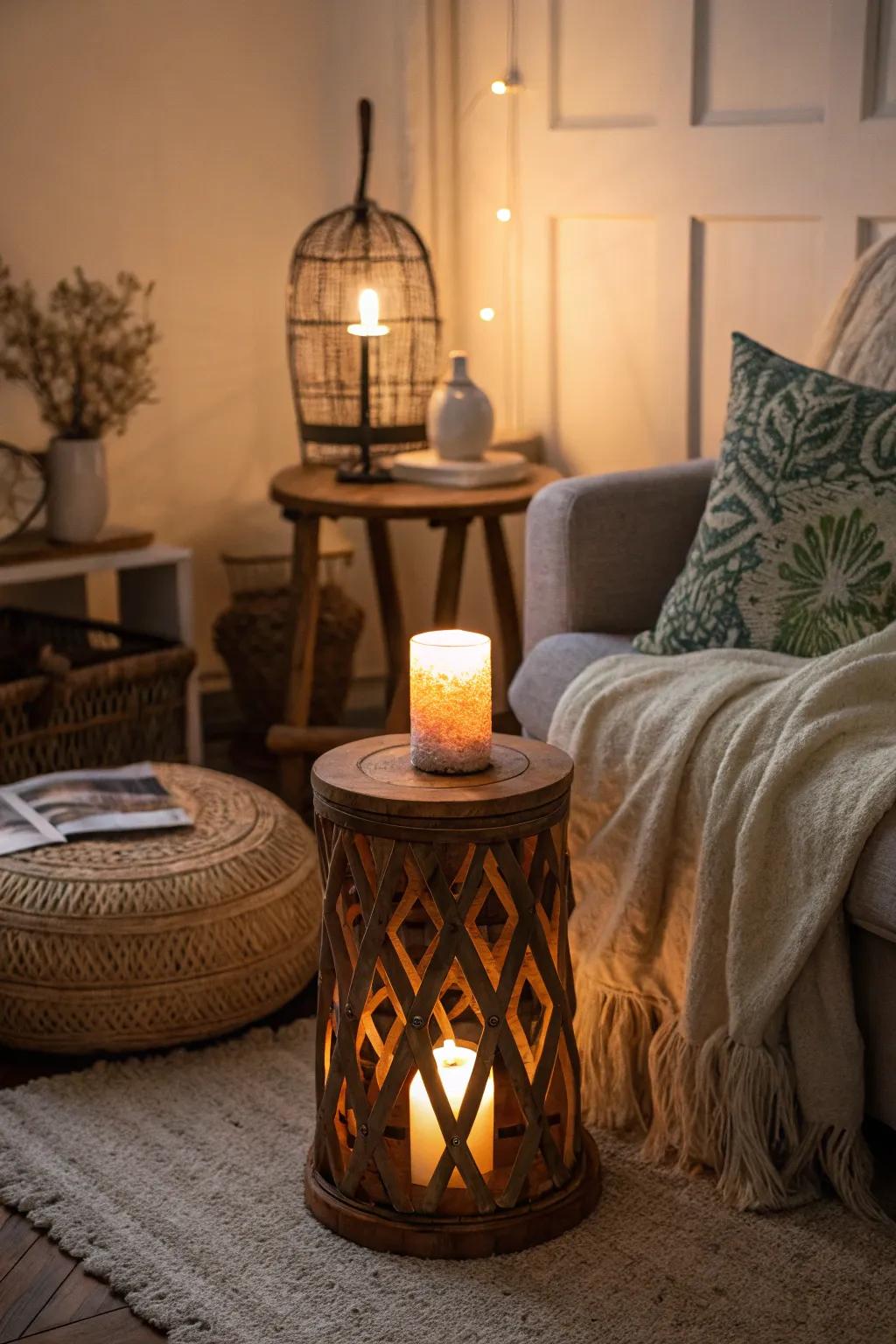 A cozy room where a garden stool provides a warm glow with a hidden candle.