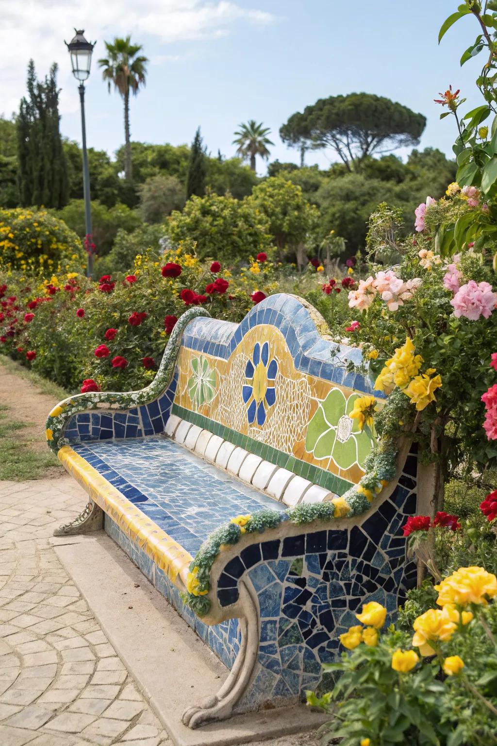 A mosaic-tiled bench adds an artistic touch to the garden.
