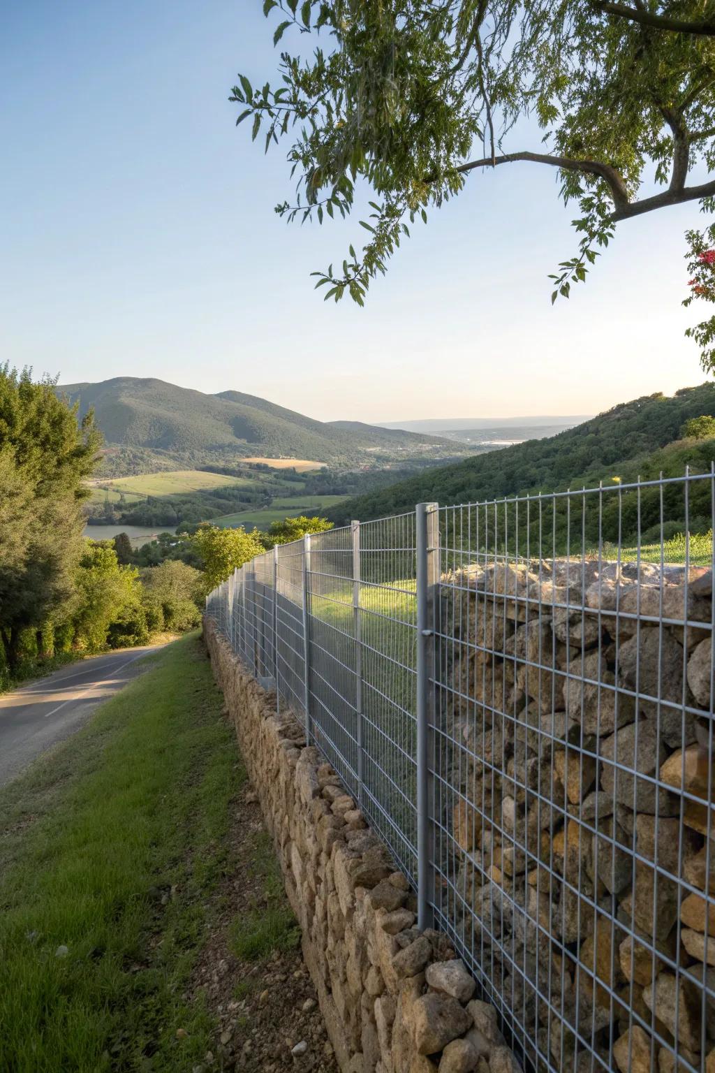 This gabion fence offers privacy while still allowing views of the scenic surroundings.