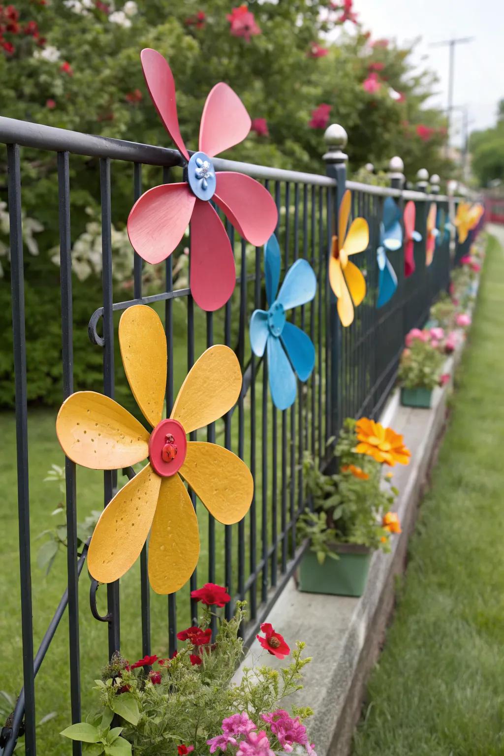 Whimsical garden flowers crafted from old fan blades.
