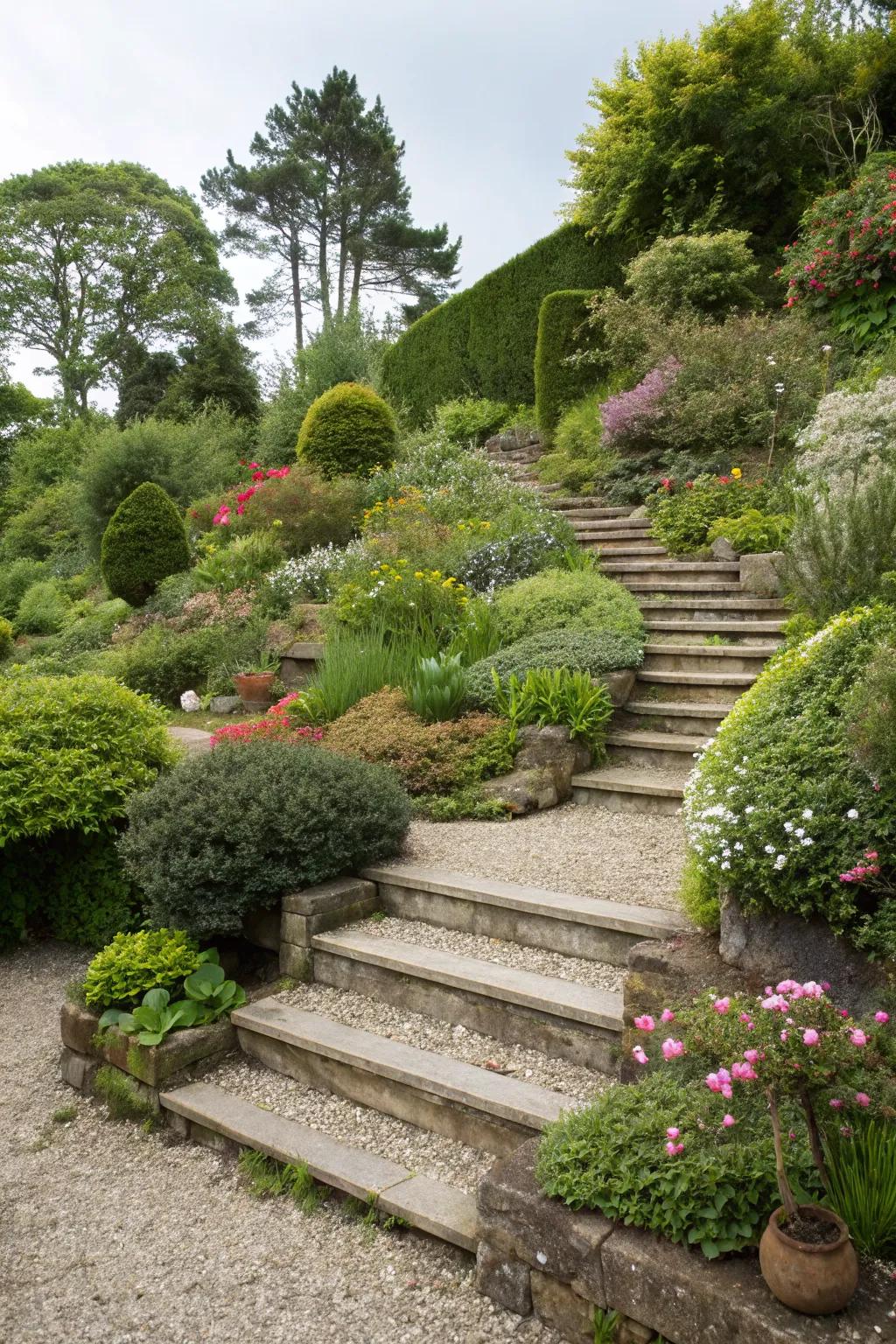 Tiered garden levels accentuated with gravel steps.